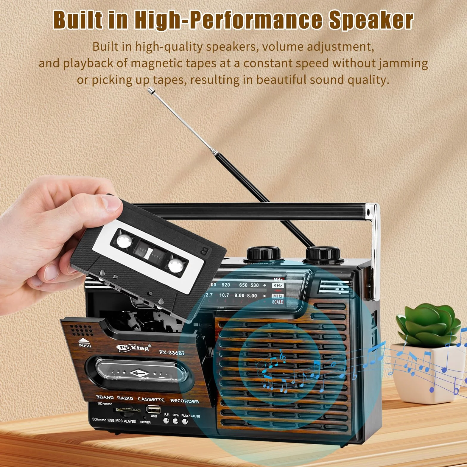 Reproductor de Cinta Portátil Retro Boombox con Radio AM/FM/SW y USB SD MMC Altavoces Incorporados (Grano de Madera)