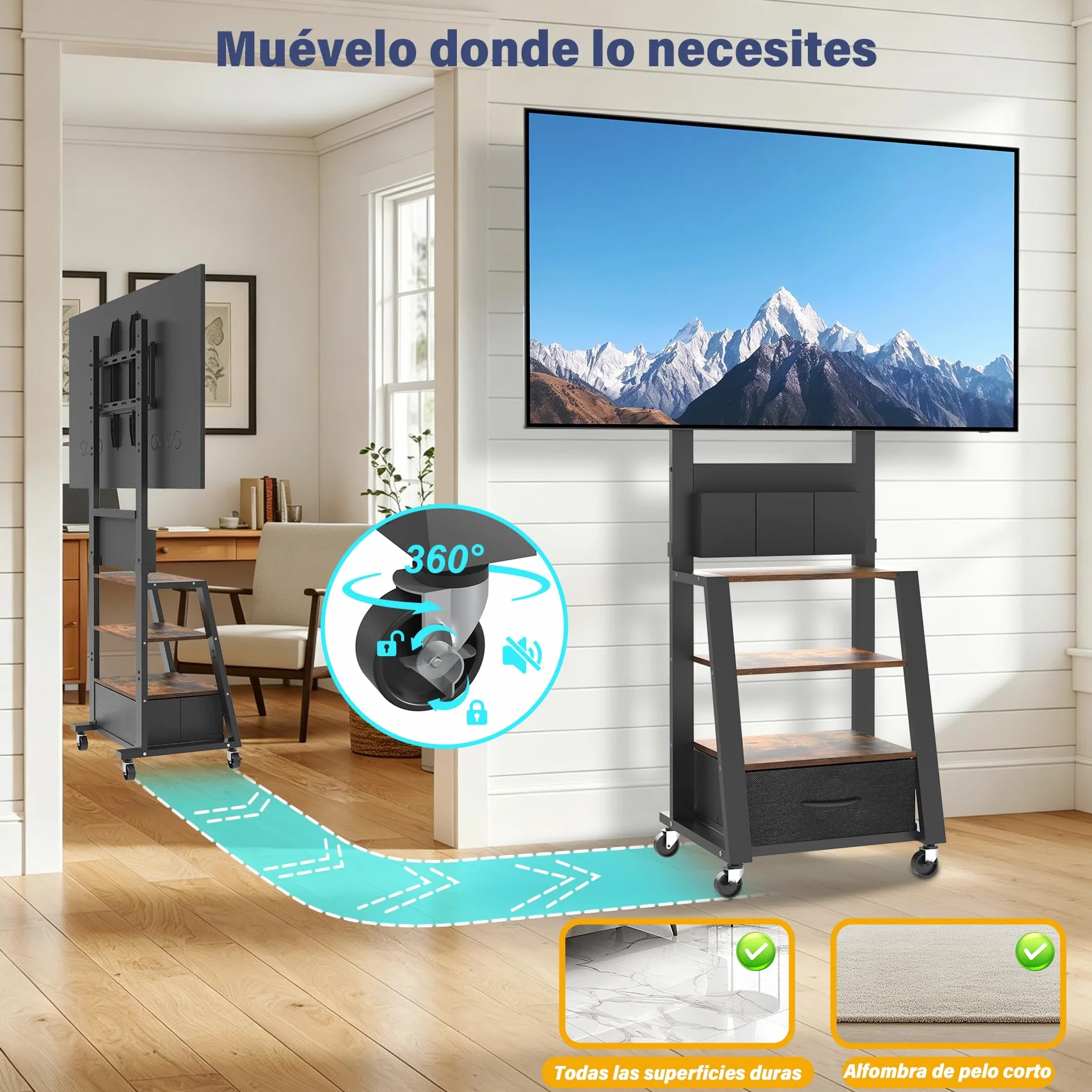 Soporte de TV con Ruedas, cajón y Almacenamiento, para TV Planas/Curvas de 23"-60", hasta 72kg, Altura Ajustable, Carrito móvil para TV, para hogar, Oficina, Exteriores, VESA máximo de 400 x 400mm