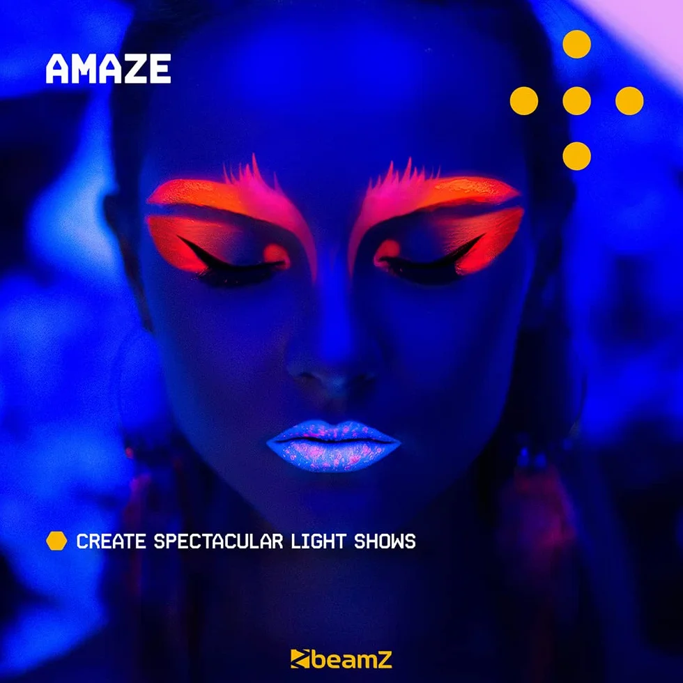 BeamZ Flood 36UV Luz LED Negra con 36 leds de 3W ultravioleta, Juego de Luces, DMX, XLR, Control de Sonido, Pantalla LED, Función Estroboscópica, Ideal para Fiestas Temáticas, discoteca, eventos