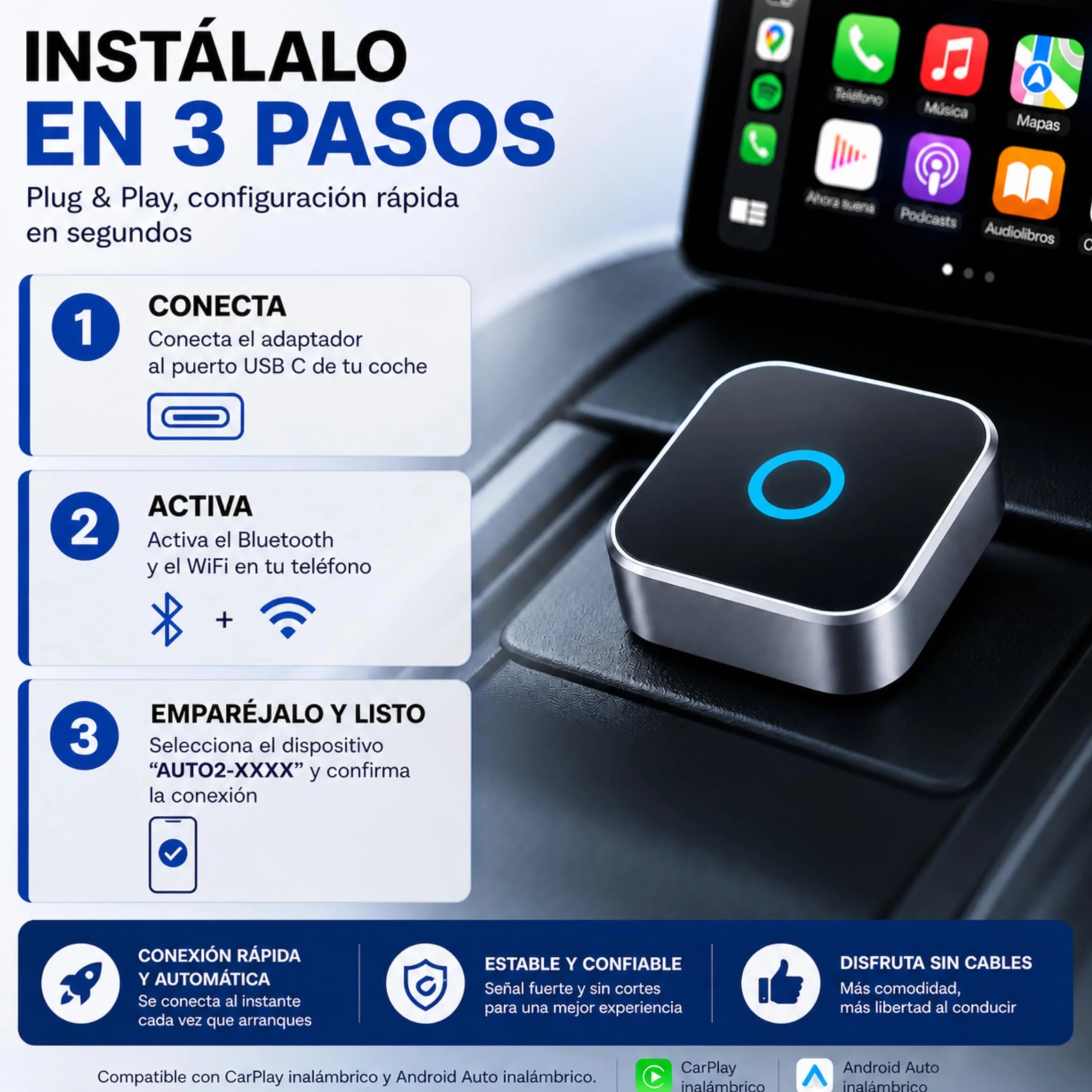 Adaptador CarPlay Inalámbrico 2 en 1. Android Auto inalámbrico USB compacto. Convierte carplay por cable en conexión sin cables rápida y estable Conexión automática en 5s Plug & Play (USB C)