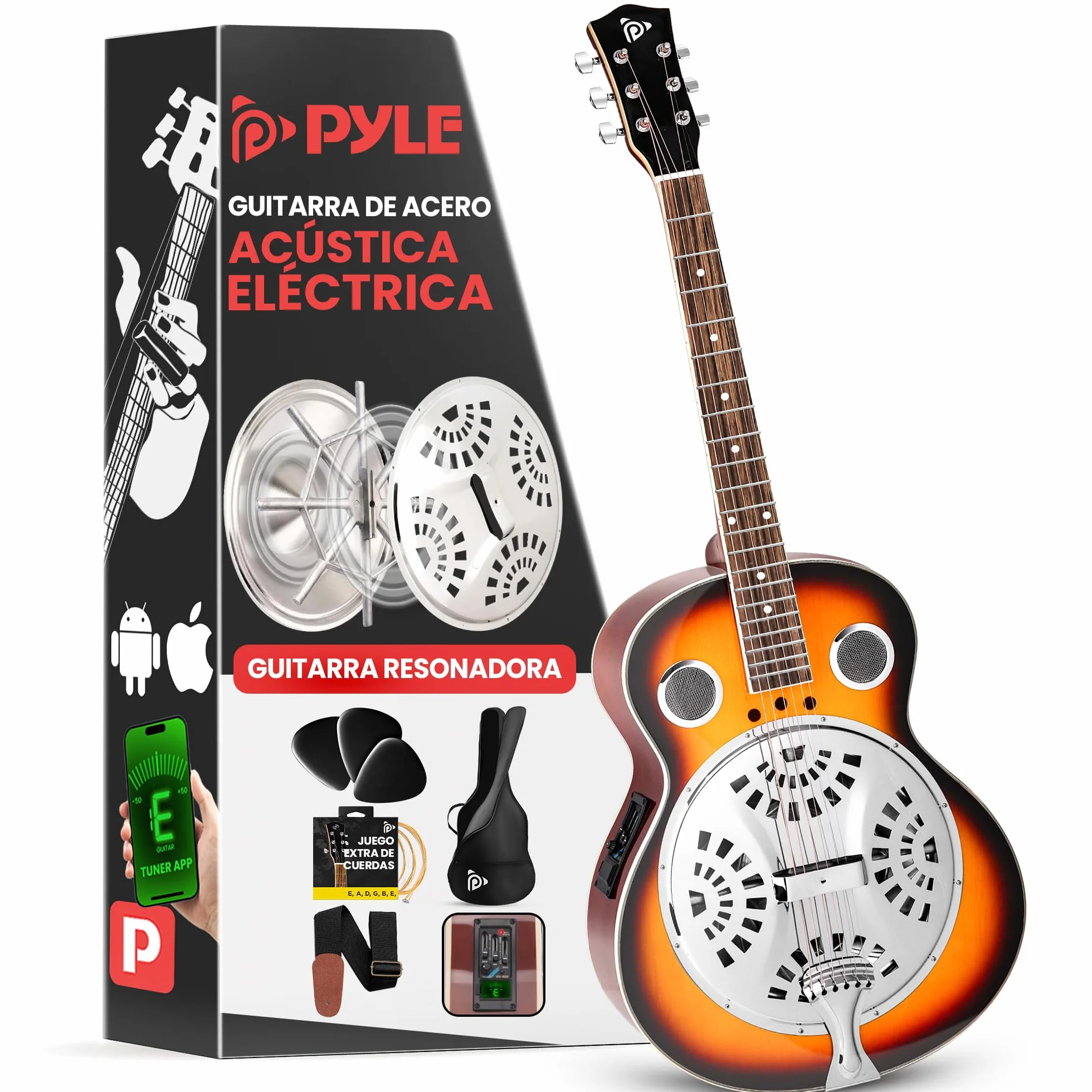 Pyle guitarra electrica, Resonador tradicional, 6 cuerdas, Preamplificador incorporado, Accesorios