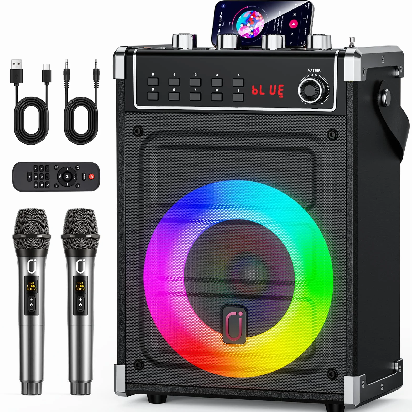 JYX Máquina de karaoke con dos micrófonos inalámbricos, ajuste de bajos/agudos y luz LED, soporte TWS, entrada AUX, radio FM, REC, suministro para fiesta/reunión/boda - negro