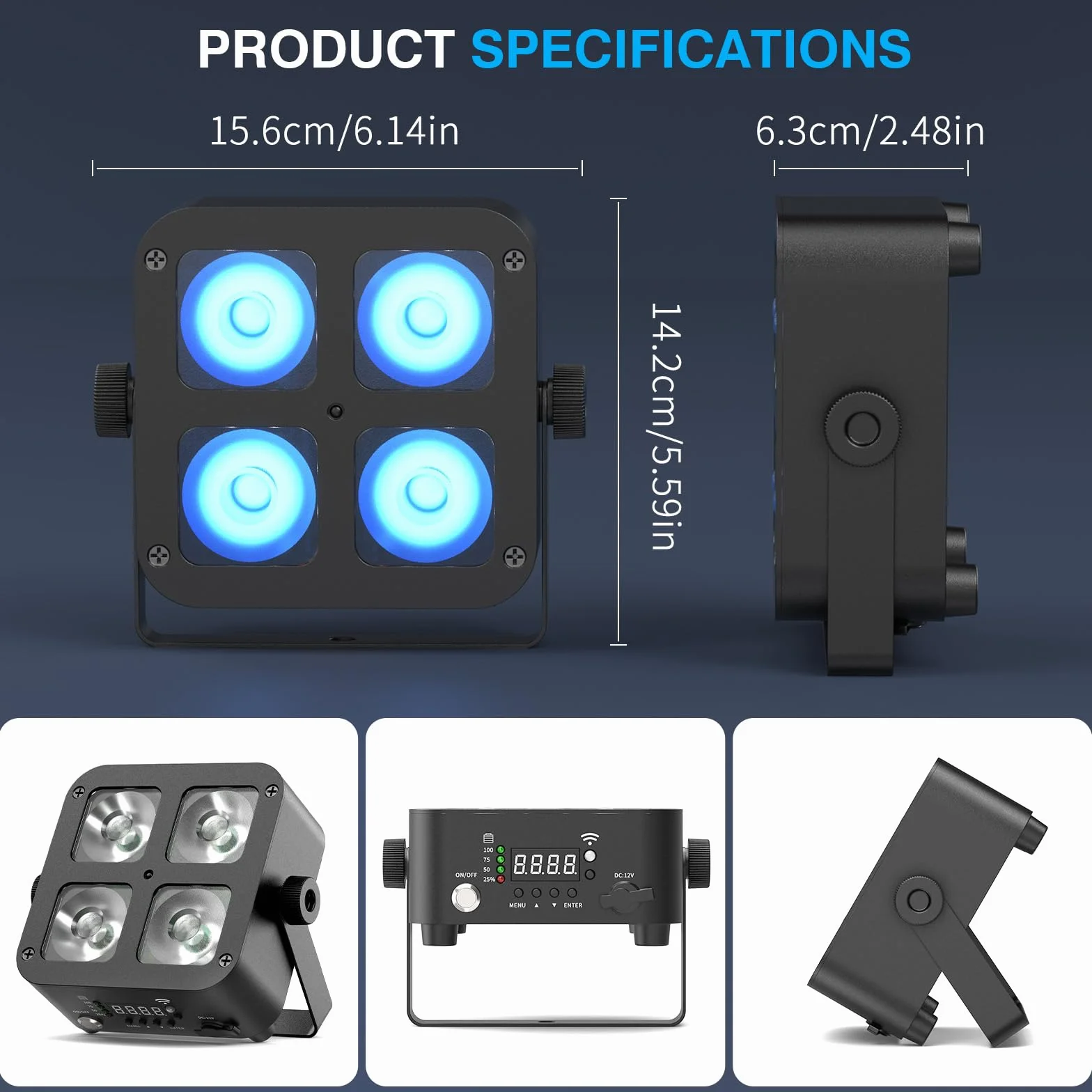 4PCS 100W Foco LED Par Light Batería Recargable,RGBWA+UV Luz de Escenario,Mini Luces Discoteca con Control Remoto/DMX/APP para Fiestas DJ Bar Show Boda Halloween Navidad