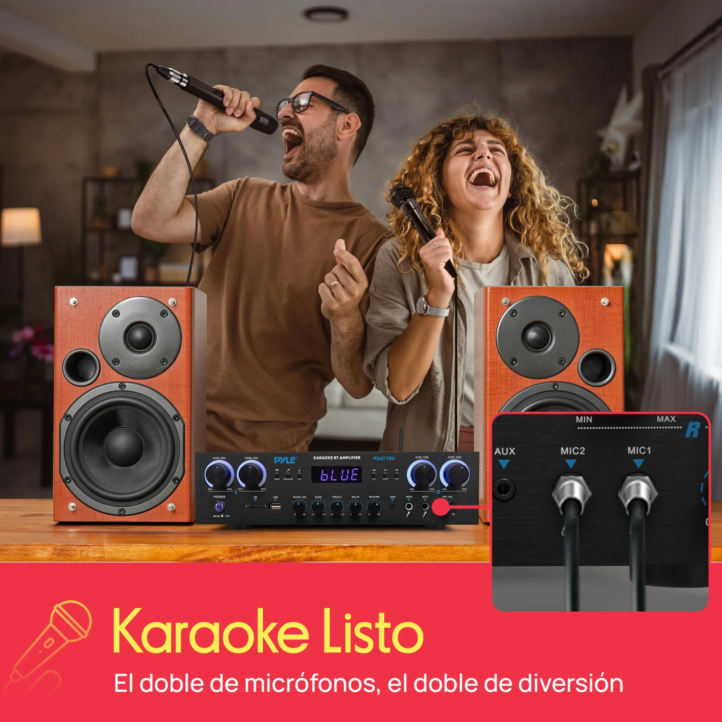 Pyle Amplificador de Sonido, Cine en casa, 800W, Bluetooth, Estereo, para el hogar, 4 Canales, con MP3/USB/SD/AUX/RCA/FM, Microfono, Auriculares, Volumen LED