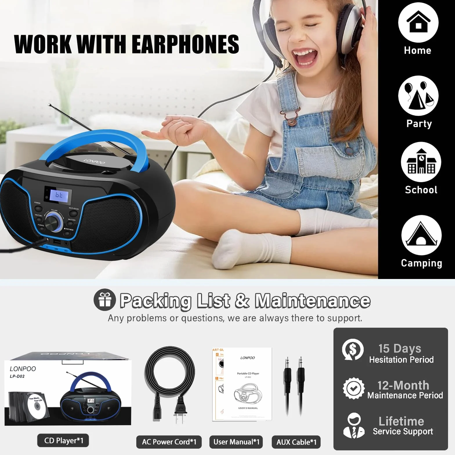 LONPOO Reproductor de CD portátil Boombox estéreo con Radio FM Bluetooth USB AUX Compacto CA o batería