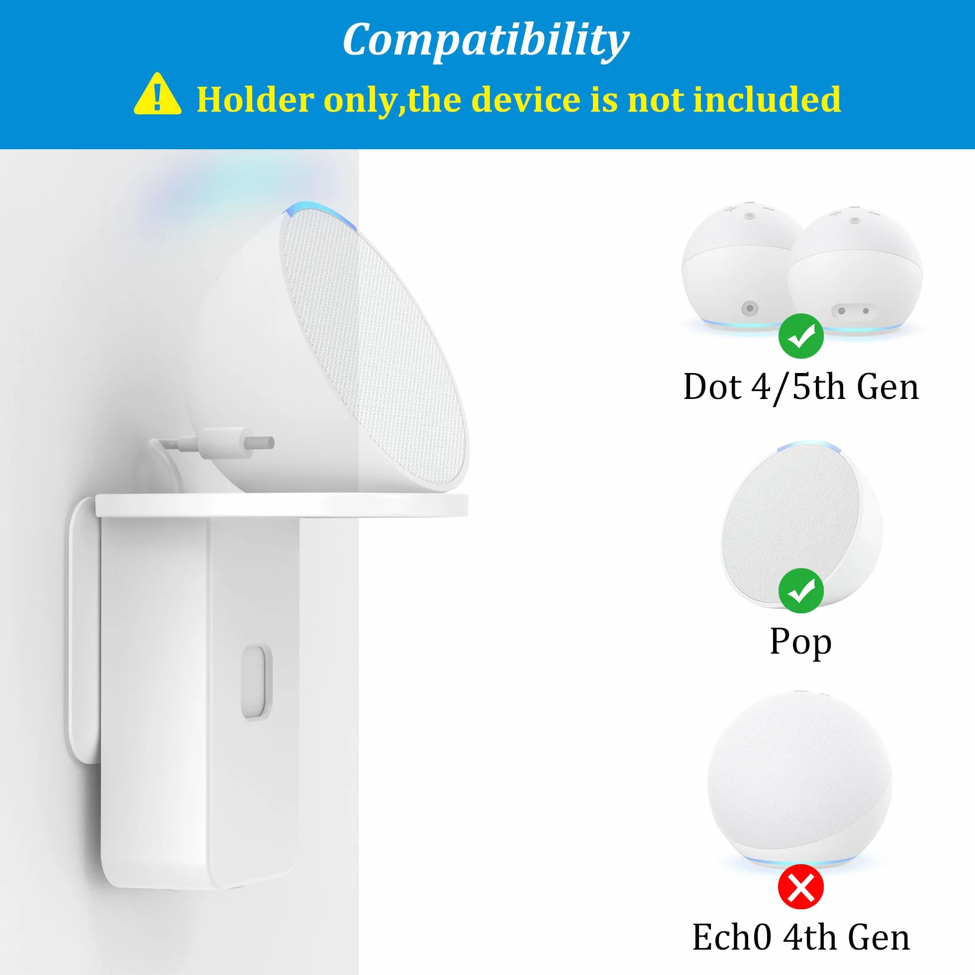 PlusAcc Soporte de Pared de Enchufe para ΡΟΡ - Soporte de Enchufe Que Ahorra Espacio para Accesorios de Altavoces Inteligentes, sin taladrar, cafetería, baño, Dormitorio (Blanco)