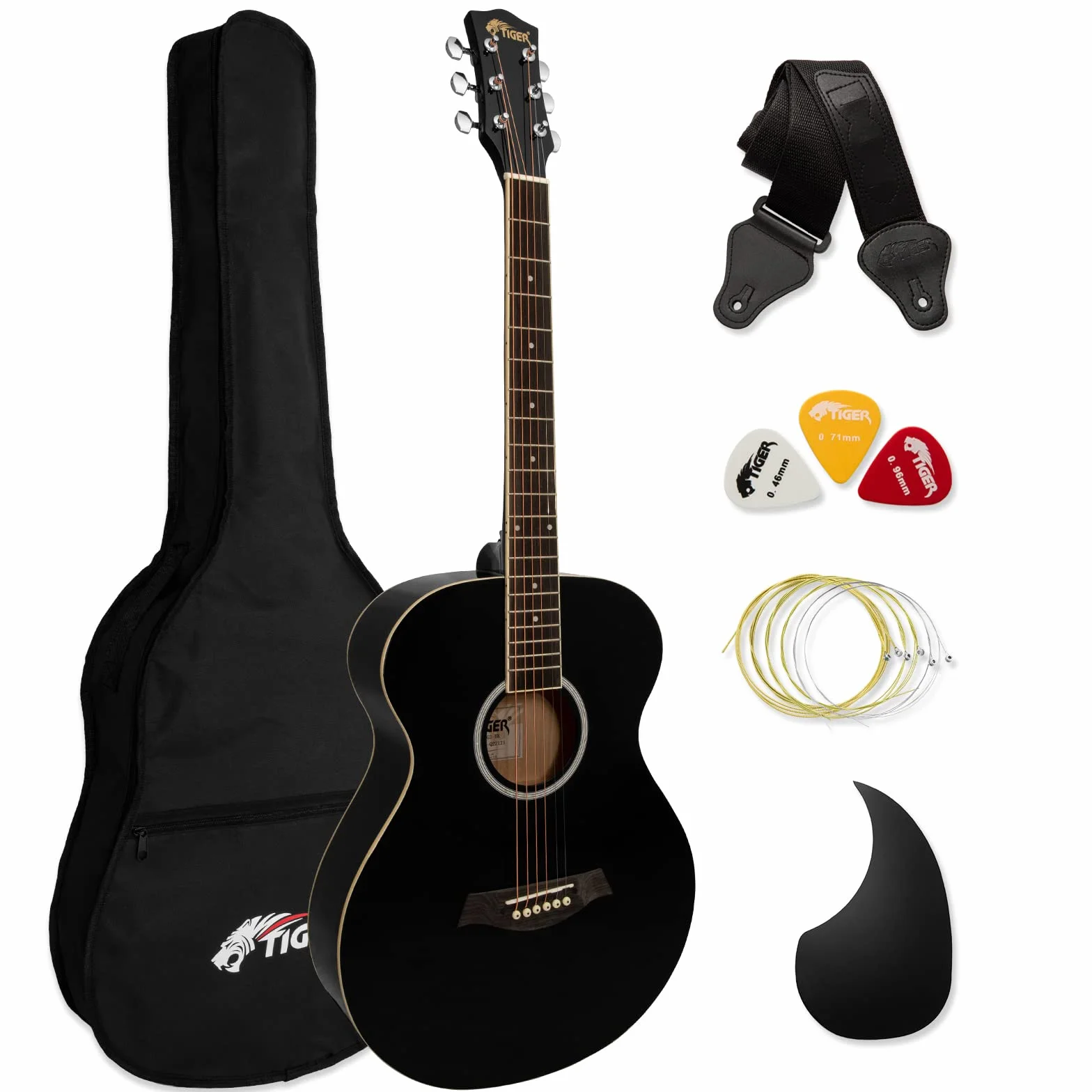 Tiger ACG2-BK Guitarra acústica de tamaño completo para principiantes - Negro