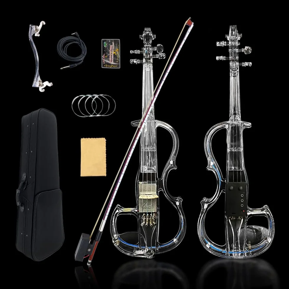 Violín eléctrico de tamaño 4/4, cuerpo de vidrio acrílico transparente, 3 colores, luz LED, bonito tono con funda, lazo, elv-led
