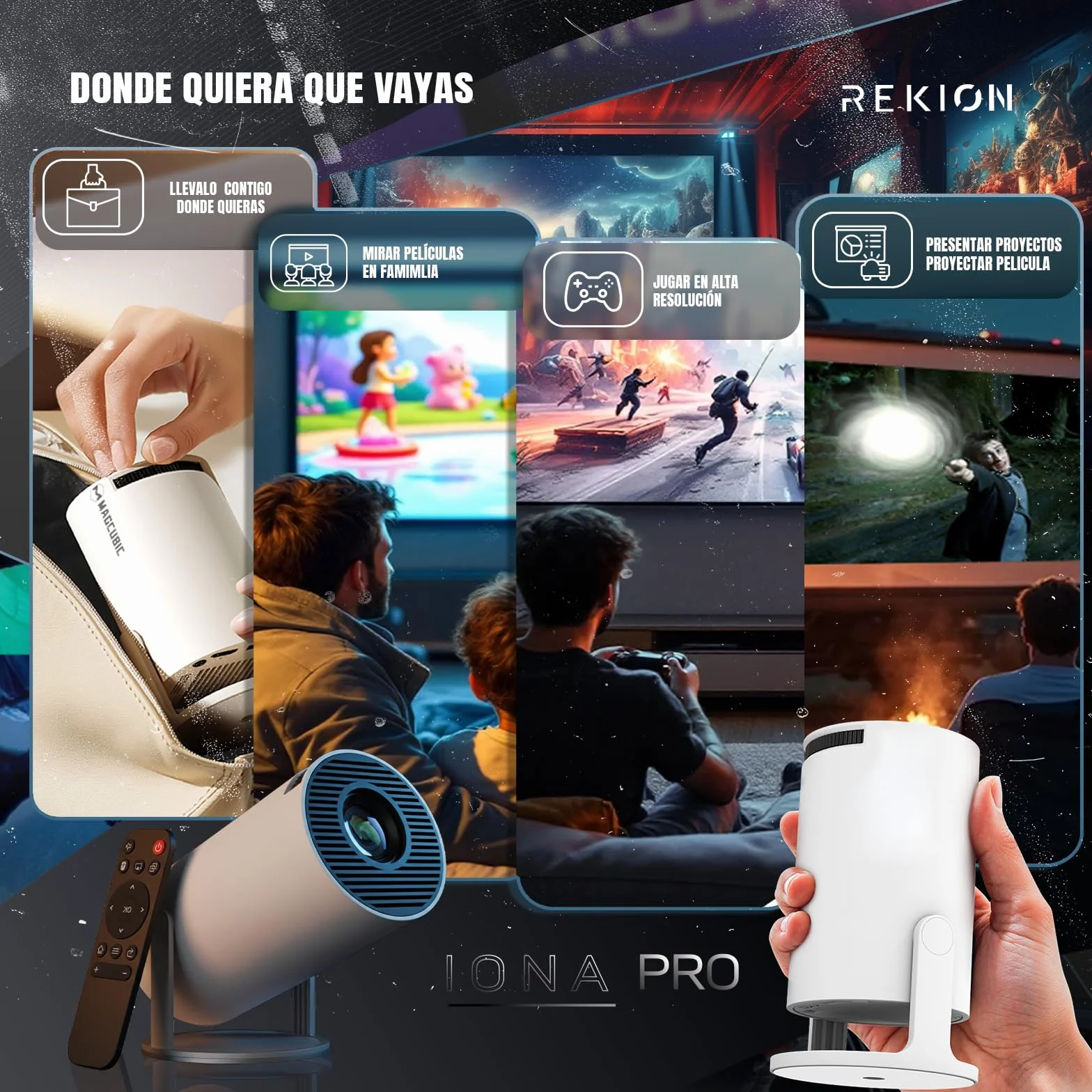 REKION® [Apps INTEGRADAS] Super Pack Mundial Proyector Portatil HY.300 4K + Pantalla 60 Pulgadas | HDMI Incluido + 1080P Full HD 250 ANSI 9000 Lúmenes | WiFi 6 Bluetooth 5.0 | Android 13 | 180°