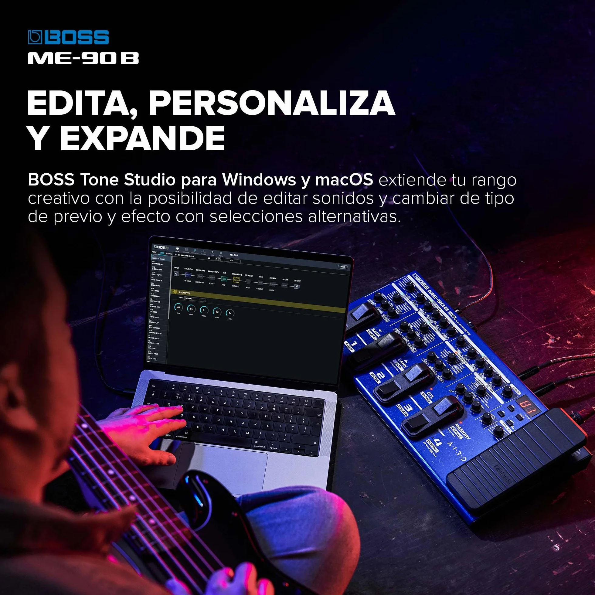Multiefectos de bajo BOSS ME-90B | Procesador de bajo todo en uno | 10 modelos de ampli AIRD integrados | 61 efectos procedentes de la biblioteca de efectos de bajo de BOSS