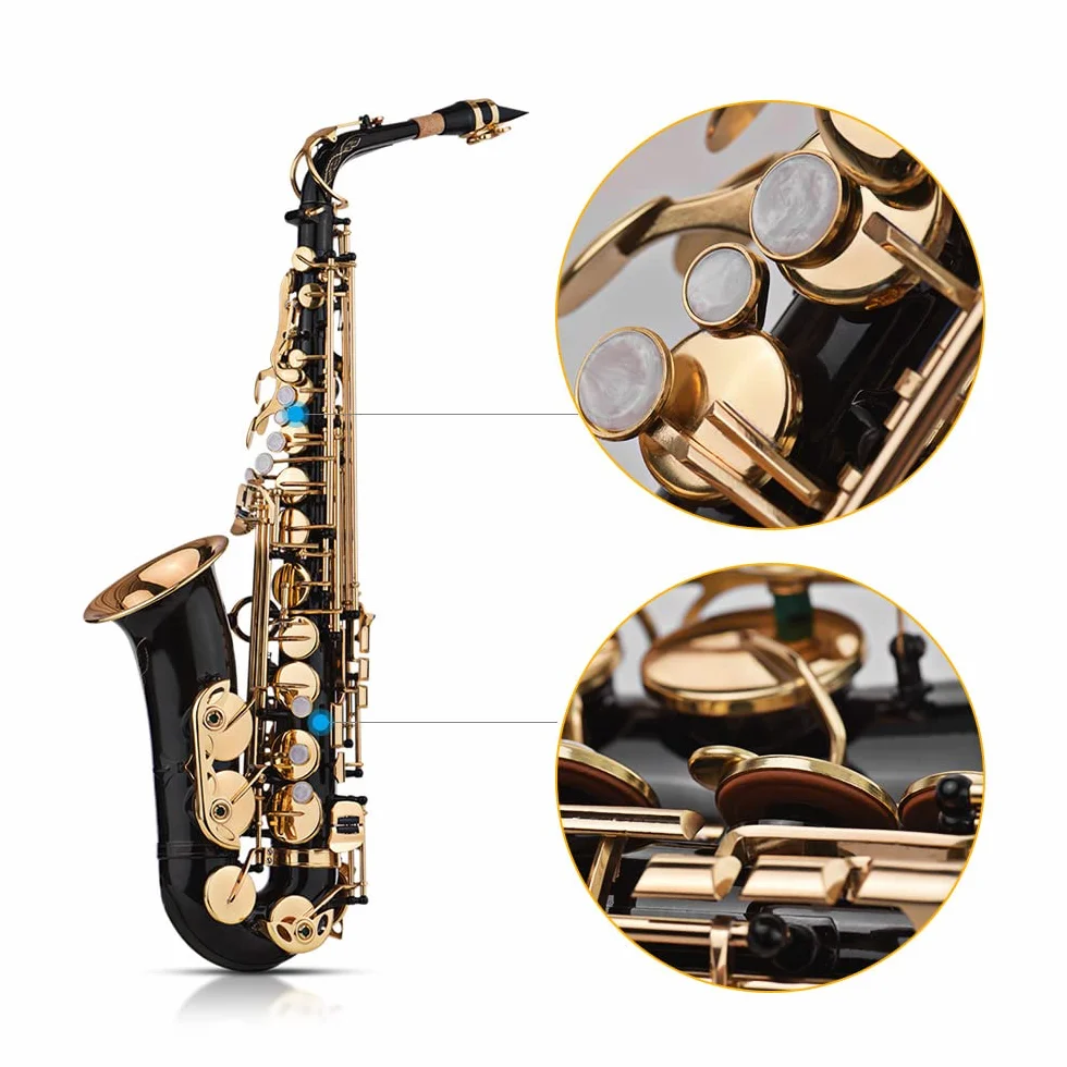 Saxofón Alto Mib de latón y llaves 82Z lacadas en dorado, con guantes acolchados, paño de limpieza, cepillo, correa de saxofón y cañas