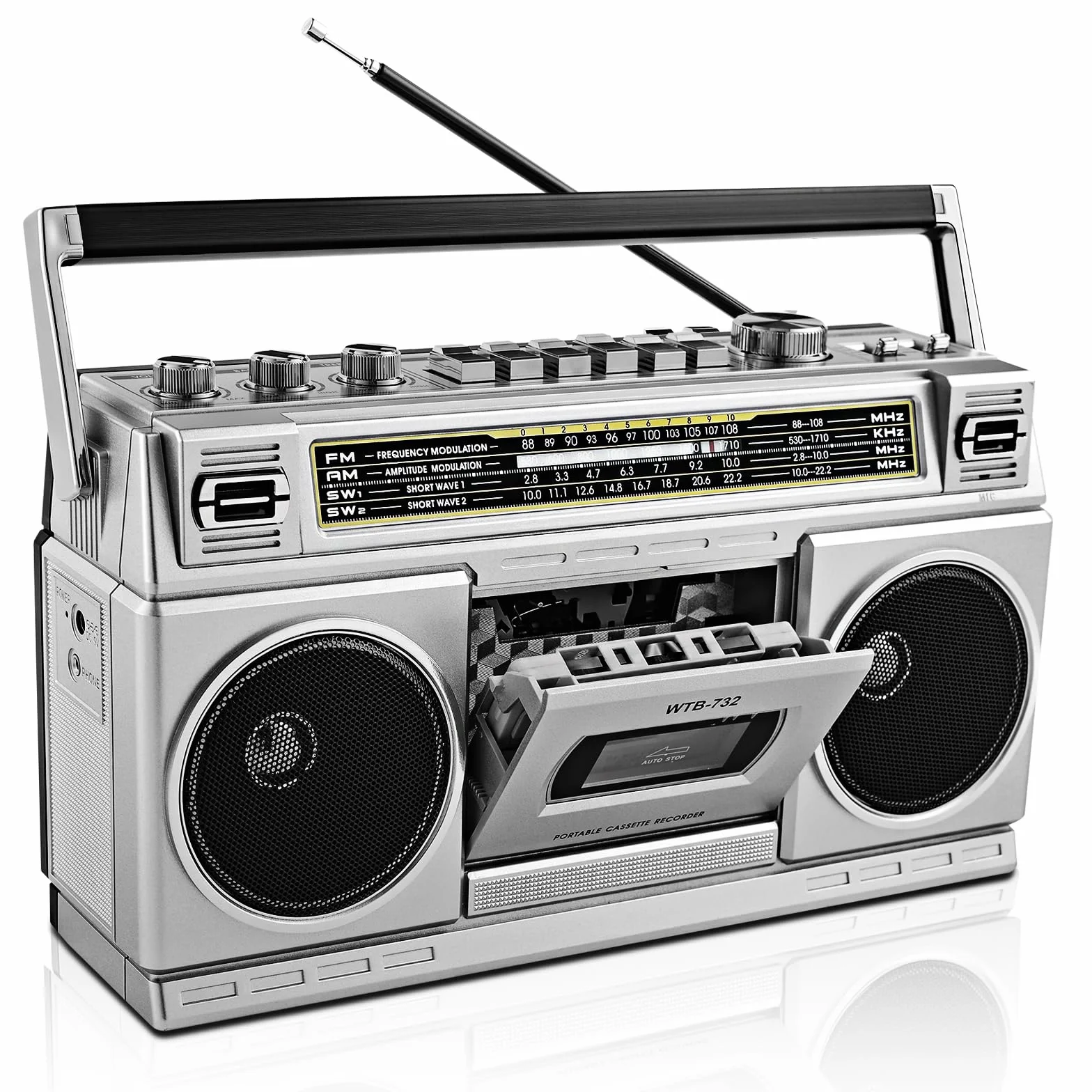 Boombox Retro de los 80 con Bluetooth y Reproductor de Casete | Radio Am/FM/OL, Sonido de Graves Potente 24W, Reproducción USB & Micro SD - Toma de Auriculares y Portátil para Interior/Exterior
