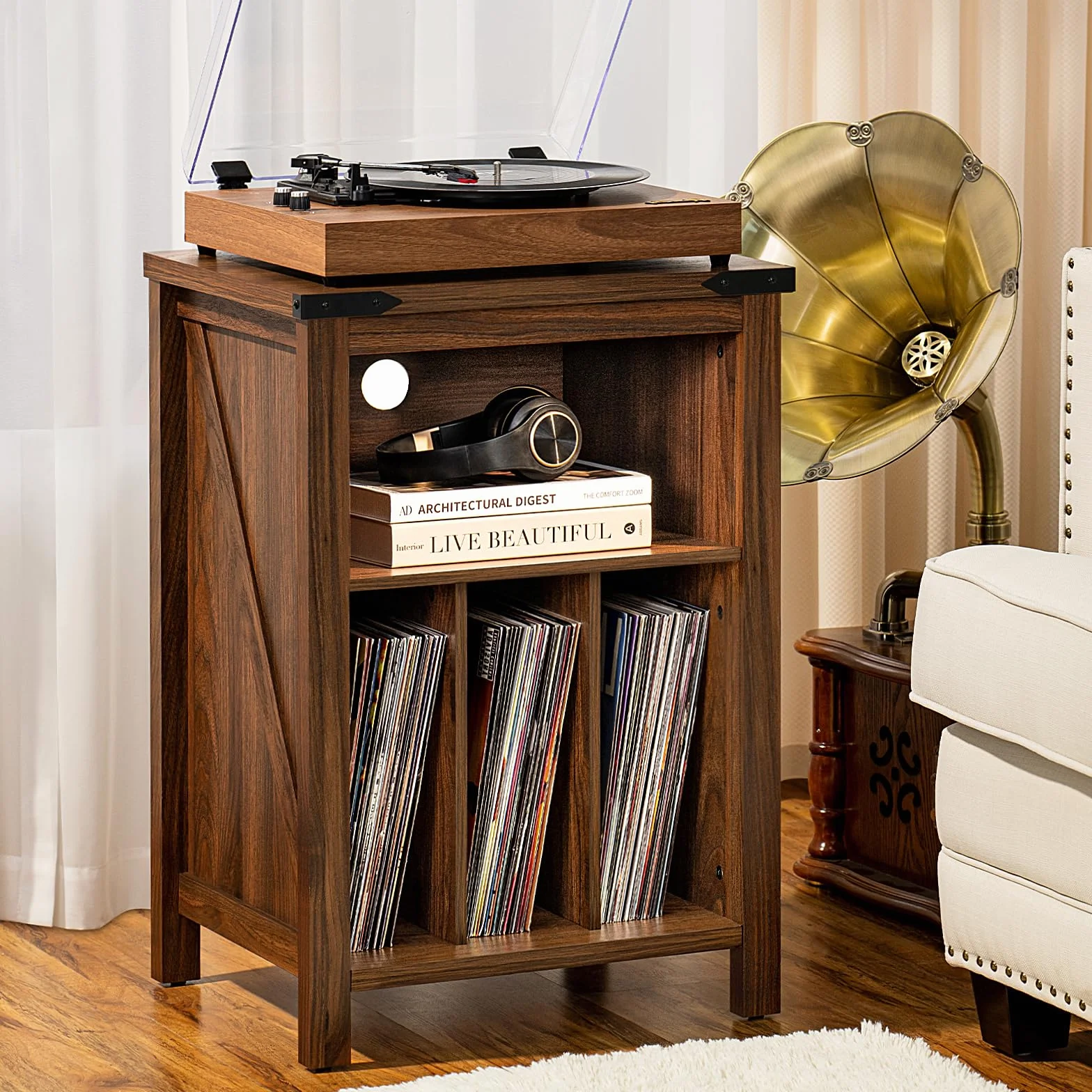 Soporte Giratorio con Soporte de Discos de Vinilo, Mesa giratoria marrón Que sostiene hasta 160 álbumes, Gran Soporte de Tocadiscos de Madera para salón, Dormitorio, Oficina