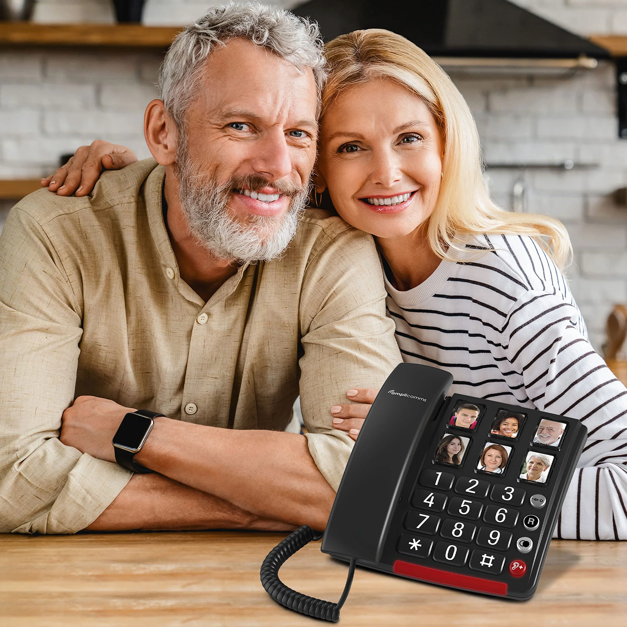 Amplicomms BigTel 40 Plus, Teléfono con Botón Grande con Cable, Seis Botones de Marcación Directa con Foto, Audio Boost 40dB, Tonos de Llamada Extra Fuertes, Compatible con Audífonos