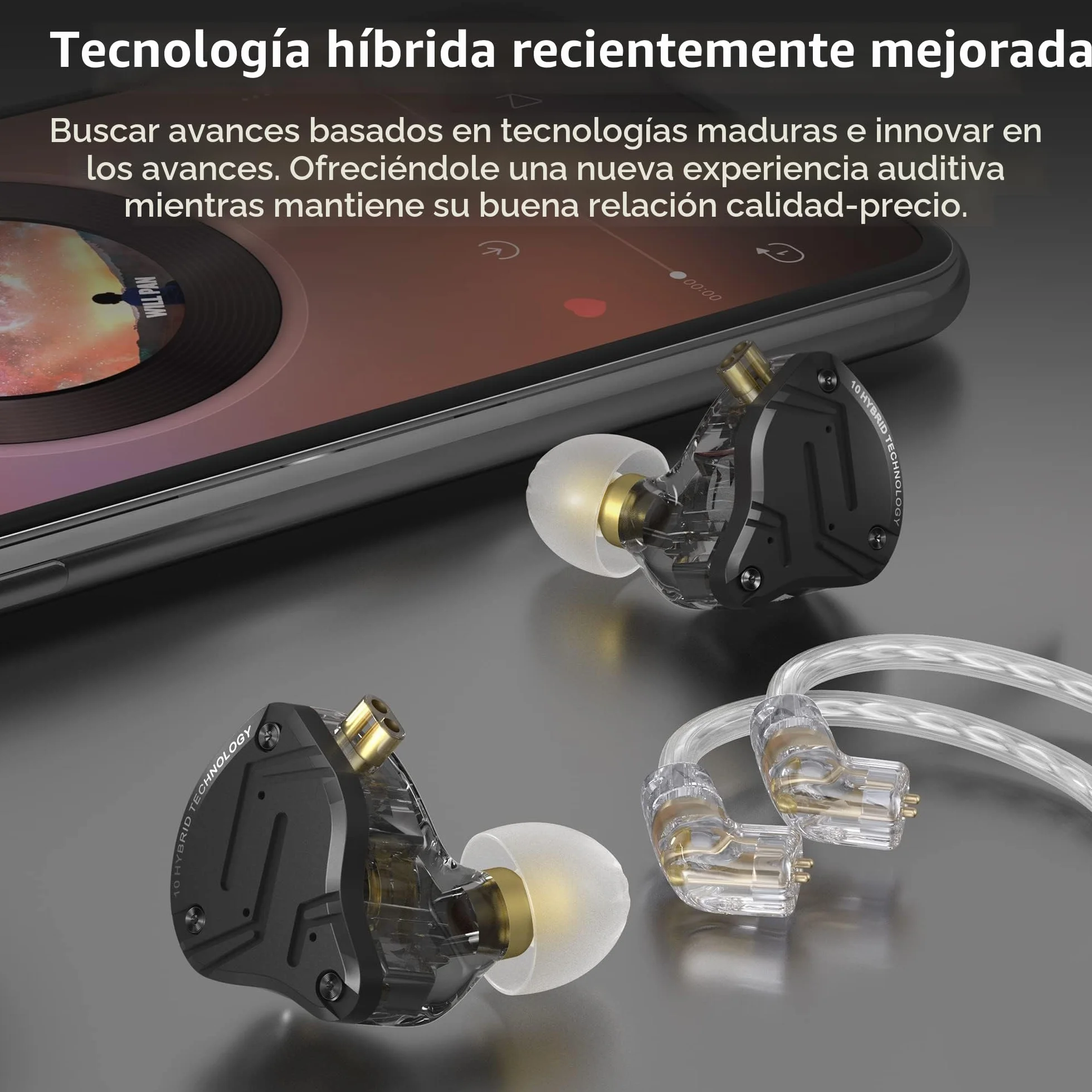 Yinyoo KZ ZS10 Pro X In Ear Monitor, 4BA+1DD Auriculares híbridos HiFi con Monitor de oído, Auriculares con Cable con Cable de 2 Pines de 0,75 mm para audiófilos (X Negro, sin micrófono)
