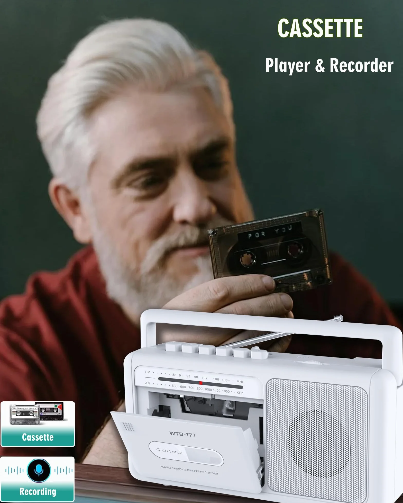 Reproductor de Casete Portátil, Radio estéreo Am/FM con Bluetooth, USB, Conector para Auriculares, Grabador de Casete portátil para casa o al Aire Libre