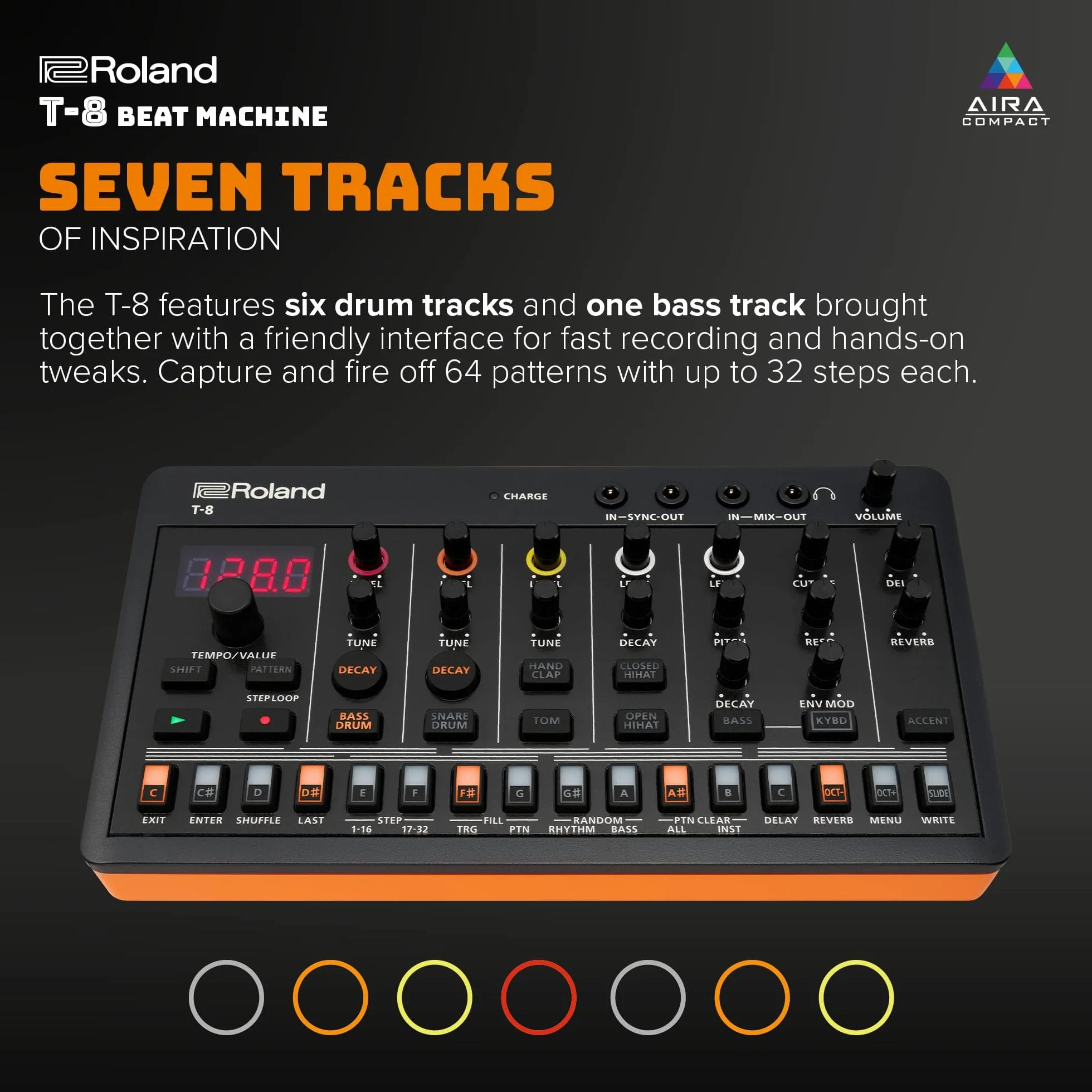 ROLAND AIRA Compact T-8 BEAT MACHINE | Máquina de ritmo y bajo ultraportátil con original Roland Sounds | Seis pistas rítmicas con sonidos de TR-808, TR-909 y TR-606, negras y naranjas