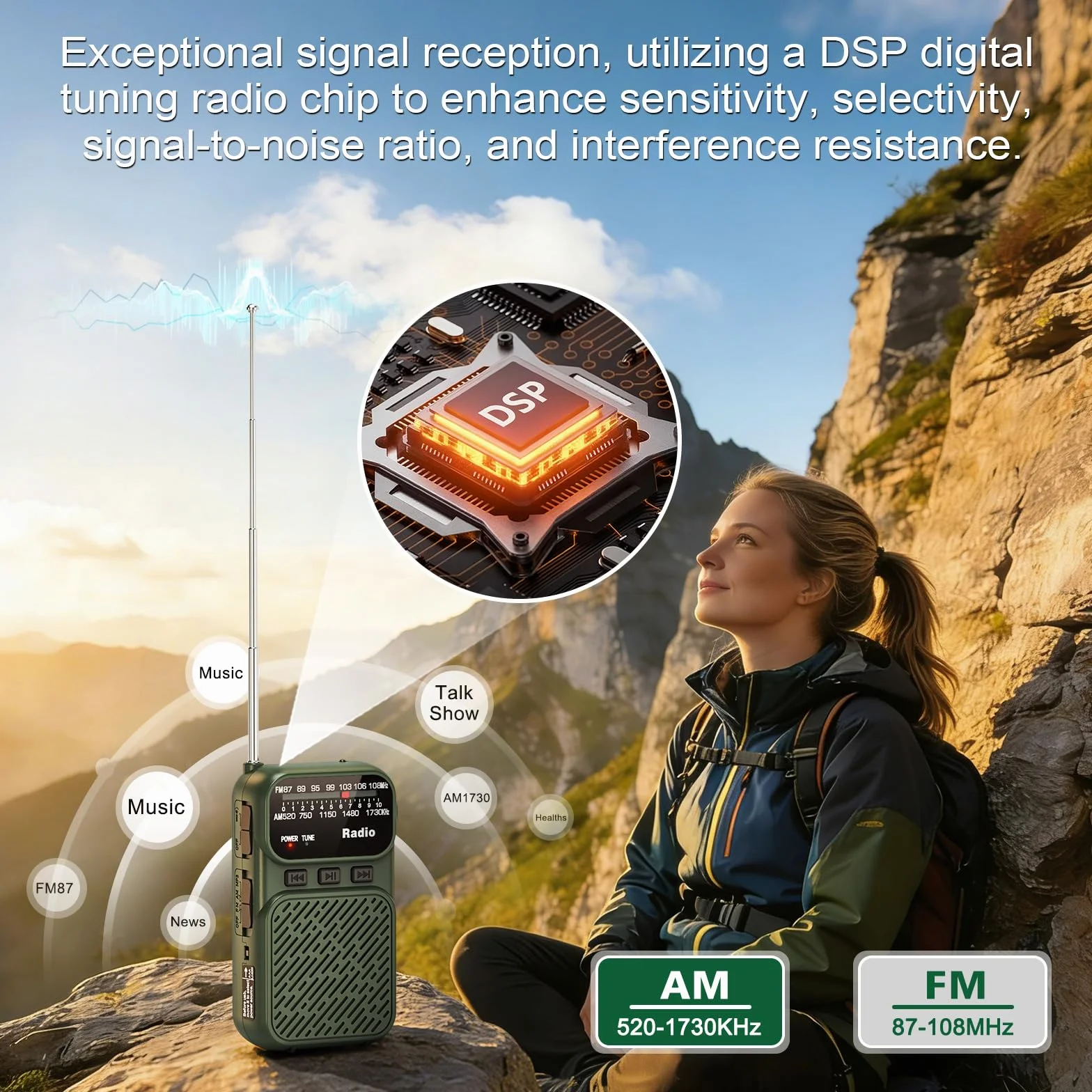 Tendak Radio Portátil AM/FM/FM Bluetooth, Mini Radio con Batería 1200 mAh, Pilas AAA, Carga USB-C, Lámpara TF (Verde)