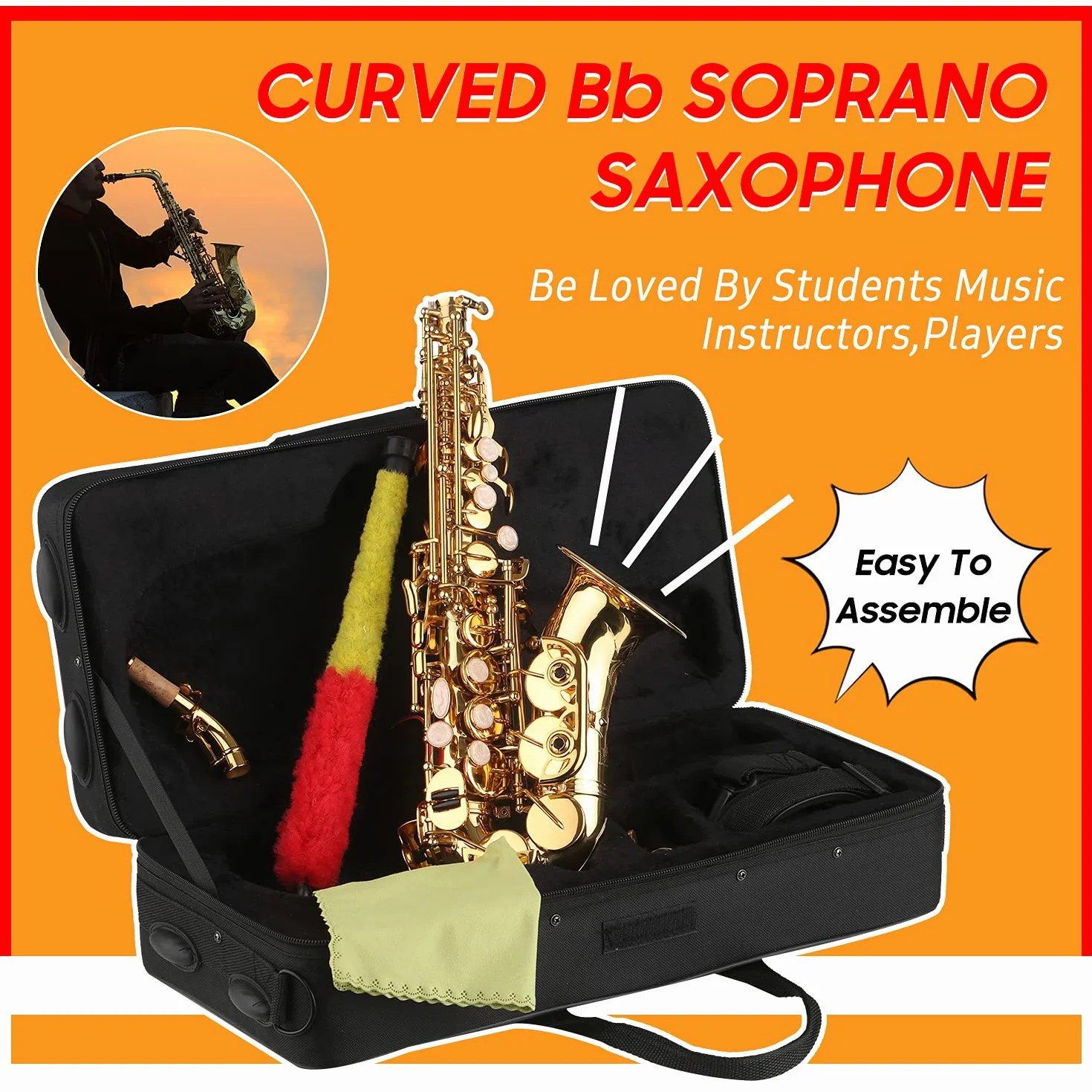 HUIOP Saxofón Soprano BB de Latón Lacado Dorado - Estuche, Boquilla, Correa, Paño de Limpieza y Cepillo para Músicos Principiantes