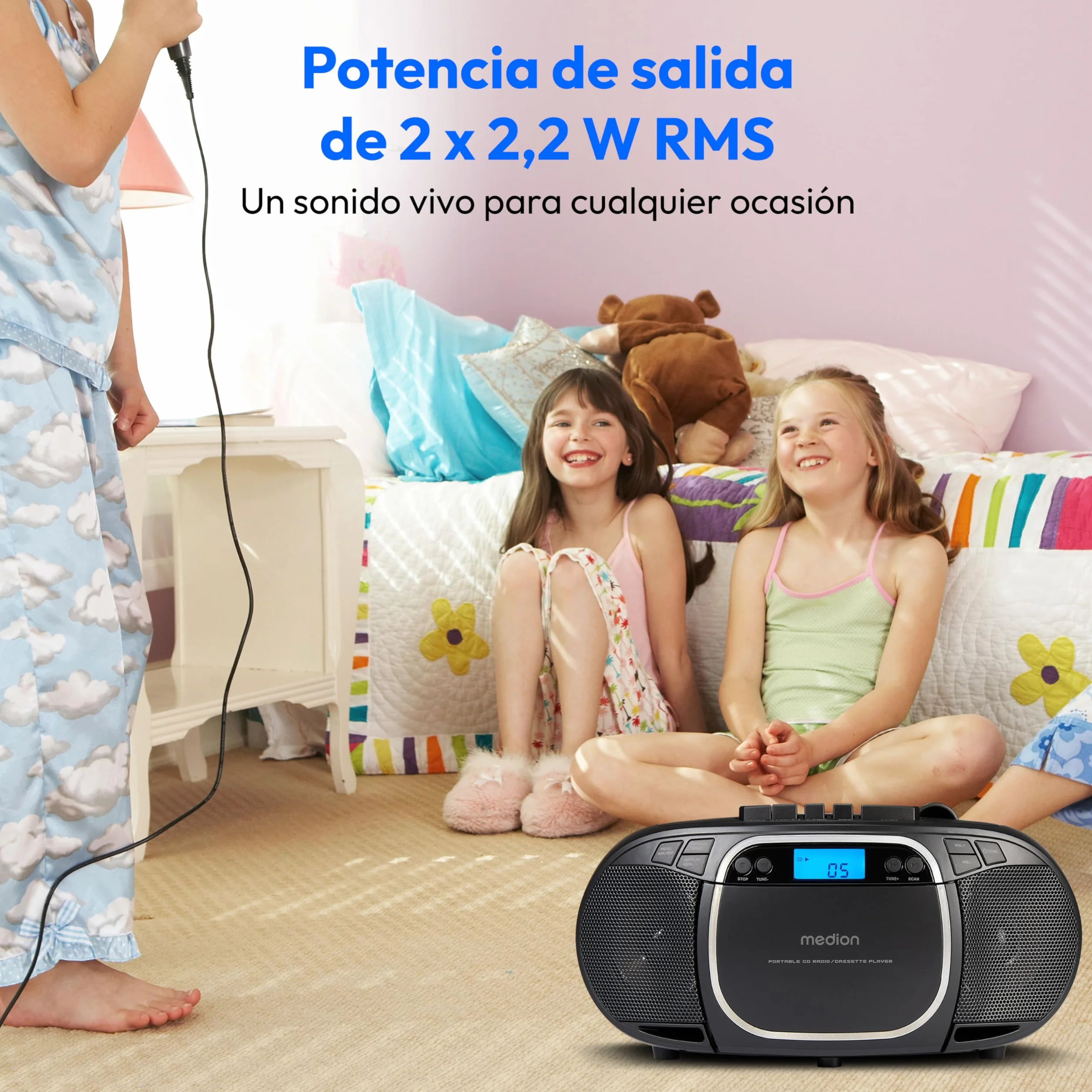 MEDION E66476 Sistema de Sonido estéreo Boombox, Reproductor de CD MP3 Casete, Radio FM, AUX, Negro