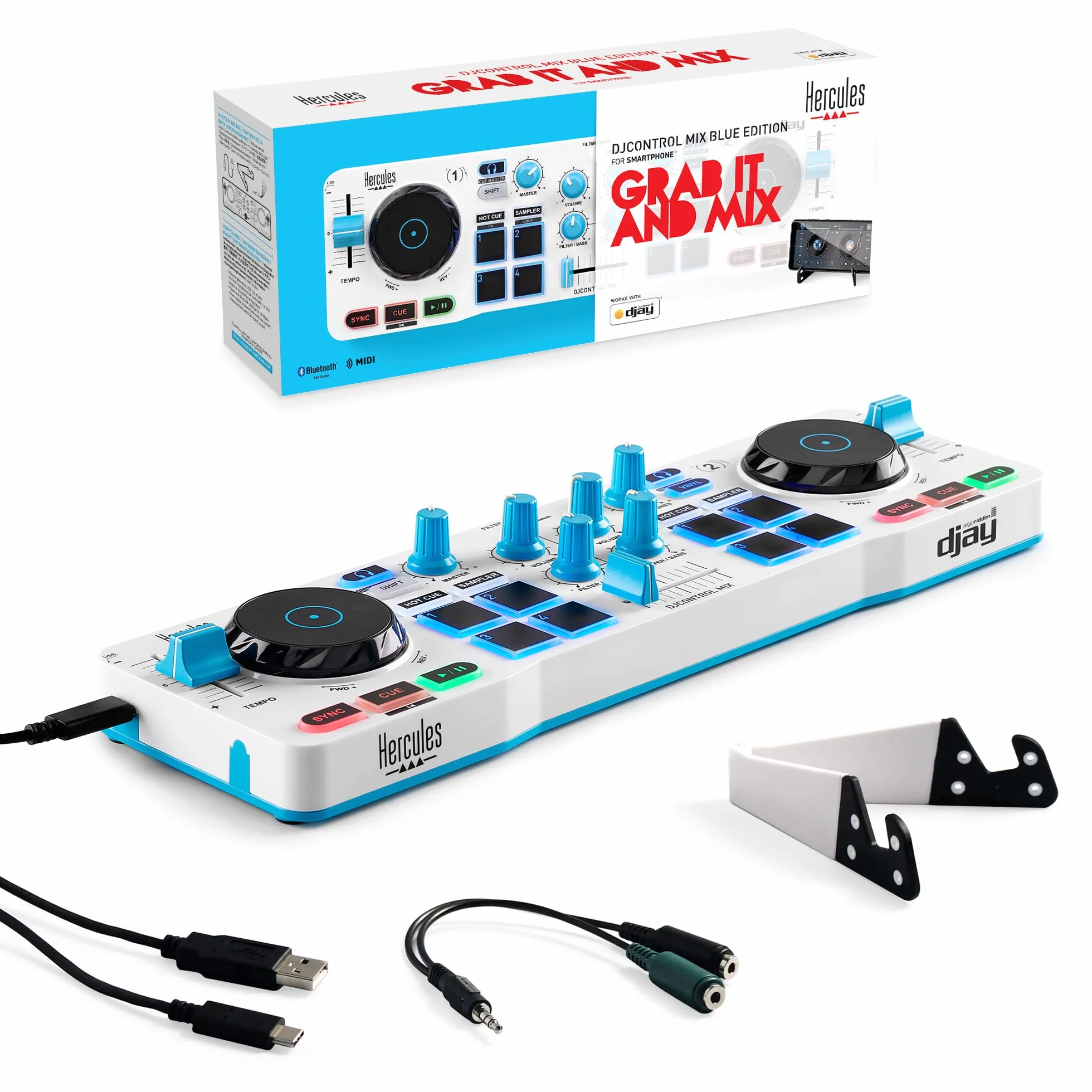 Hercules DJControl Mix Blue Edition - Controladora DJ Bluetooth Inalámbrica para Smartphones (iOS/Android), Edición Especial Azul Exclusiva en Amazon, Incluye App djay y Soporte - Azul