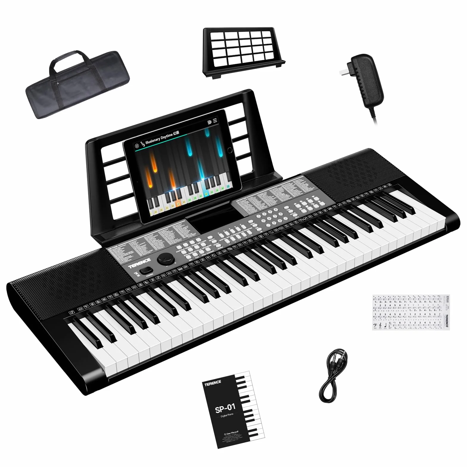 TERENCE piano digital 61 teclas, doble sistema de audio HiFi y panel multifunción 51 LED, interfaz modo doble teclado doble alimentación adaptador batería puertos de audio Pro