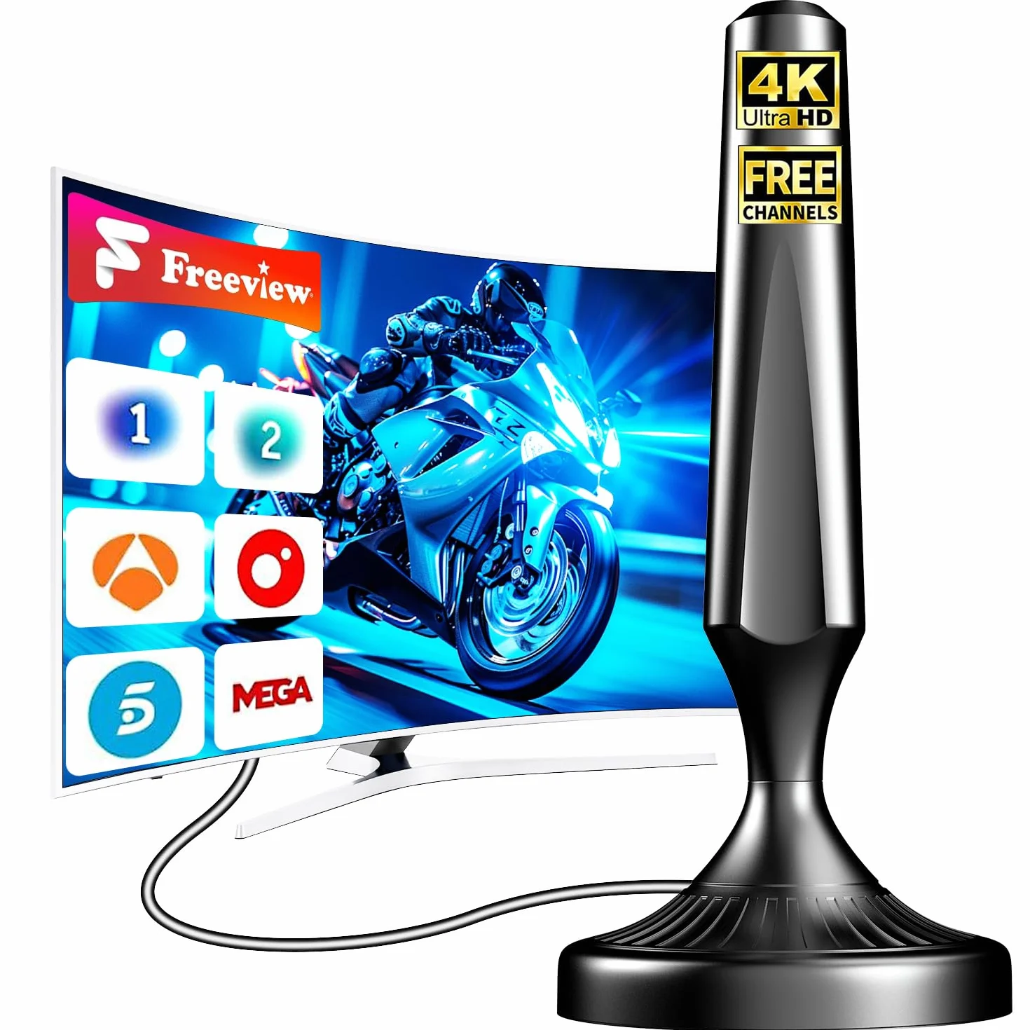Antena TV Interior HD Potente para Smart TV – Antena TDT Digital Omnidireccional 360°, Base Magnética, DVB-T2/DVB-T, 4K/1080P
