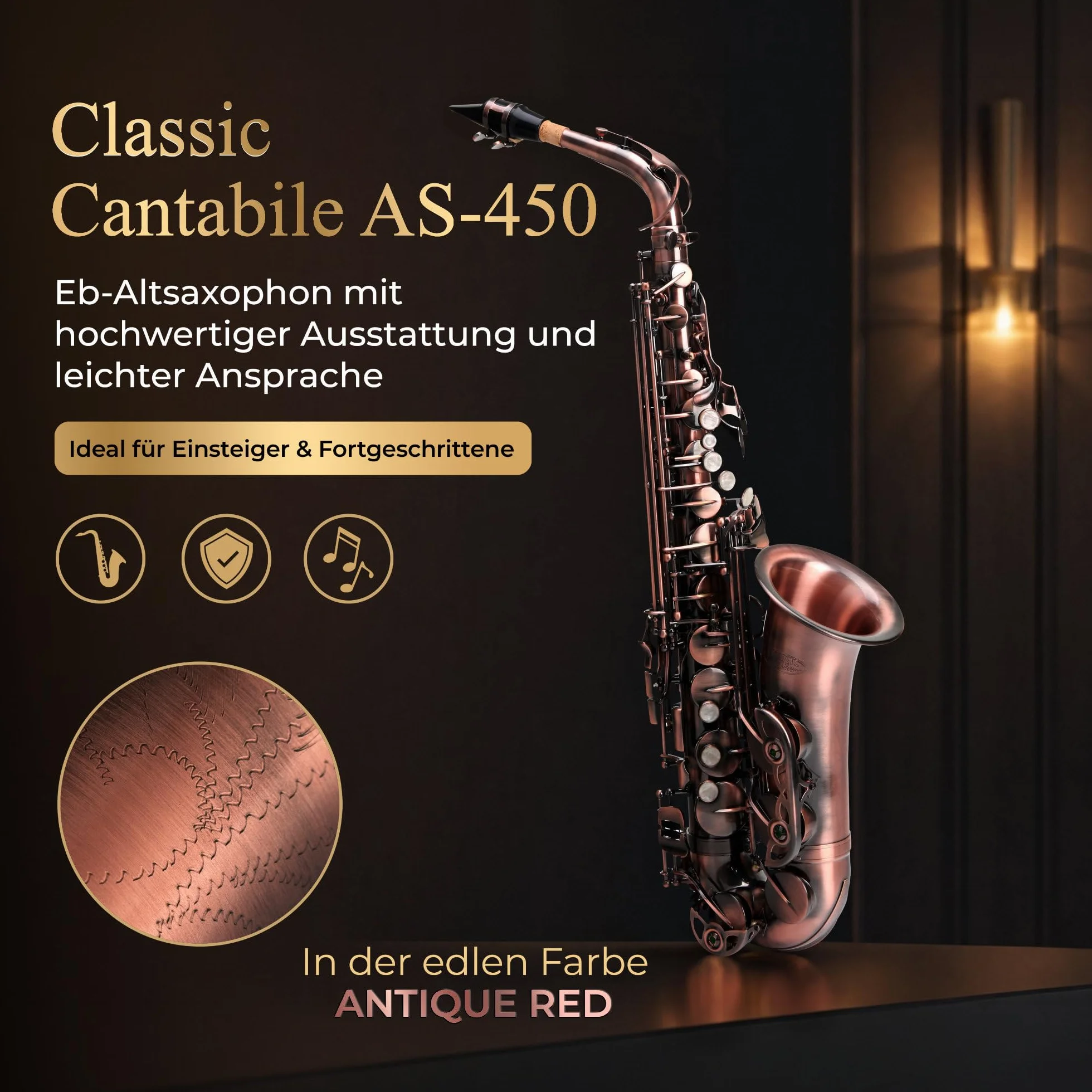 Classic Cantabile Winds AS-450 envejecido rojo saxófon alto