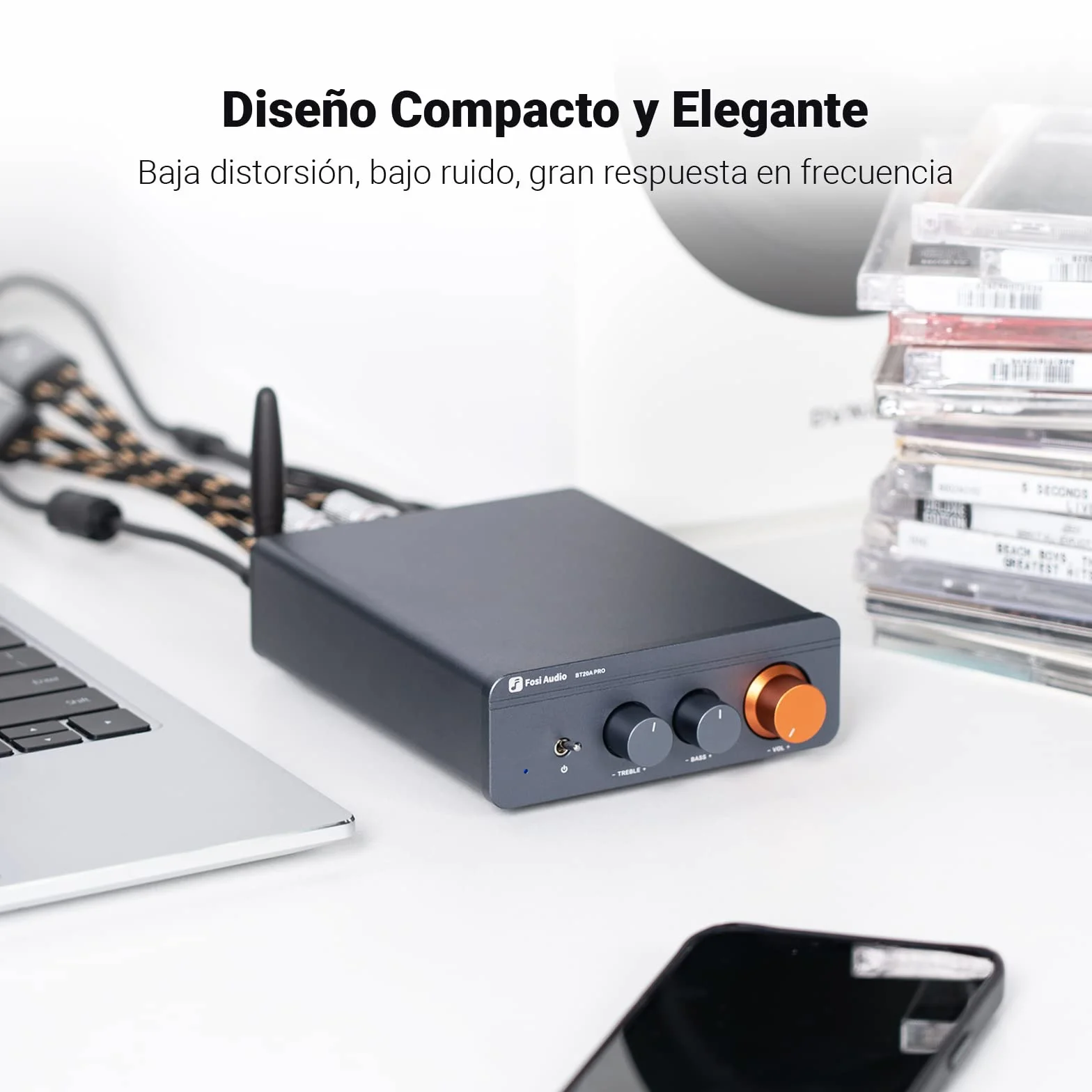 Fosi Audio BT20A Pro Amplificador HiFi, Mini Amplificador 300Wx2 con Bluetooth y Chip TPA3255, Stereo Audio Amp Clase D Estéreo 2.0 Canales, Ajuste de Graves y Agudos, Ampli de Potencia HiFi
