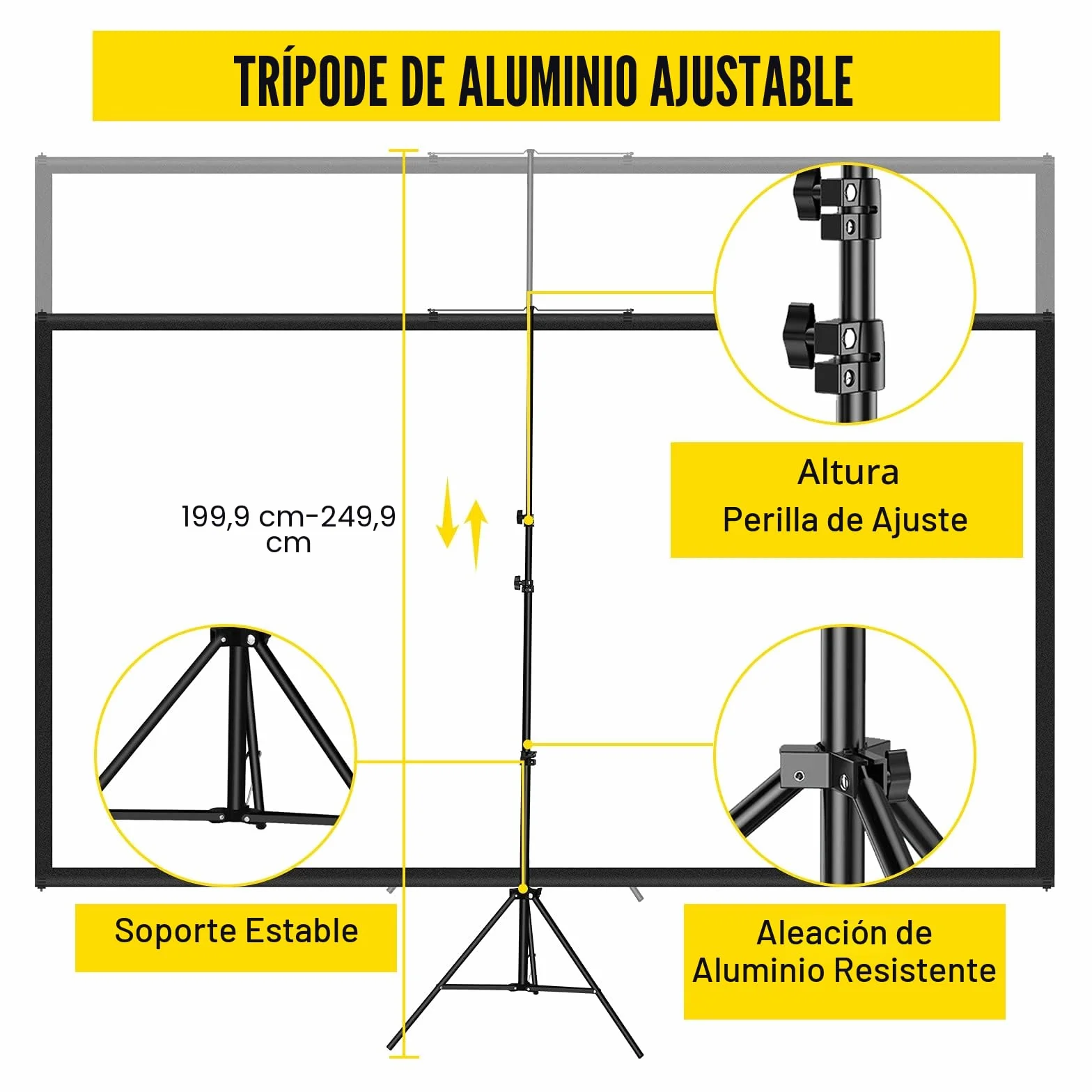 VEVOR Pantalla Proyector 100" 16:9 4K HD Trípode Ajustable 200-250 cm Portátil 227x127 cm Cine en Casa Negro