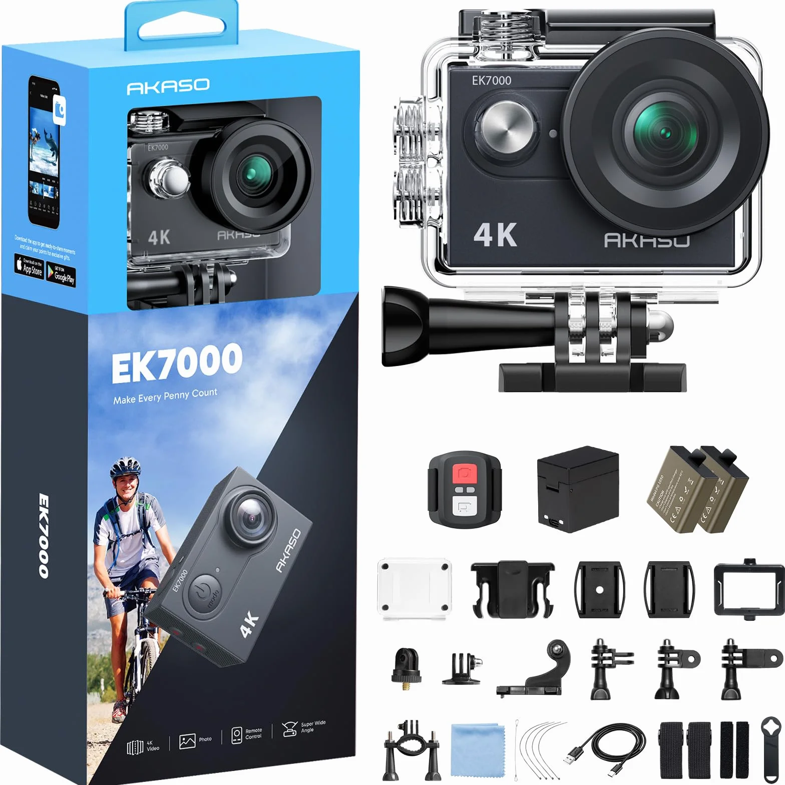 AKASO Cámara Deportiva 4K 30FPS 20MP WiFi Acción Gran Ángulo 170° Control Remoto 2.4G Sumergible 30M EK7000