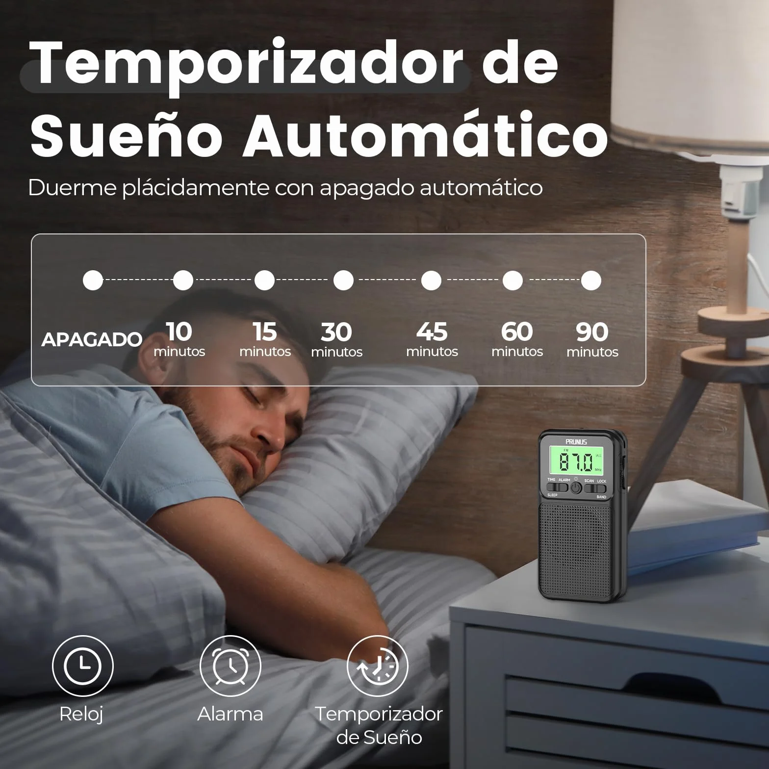 PRUNUS J-128 Radio Portátil Pequeña AM/FM Digital con Despertador, Temporizador de Sueño, Pilas