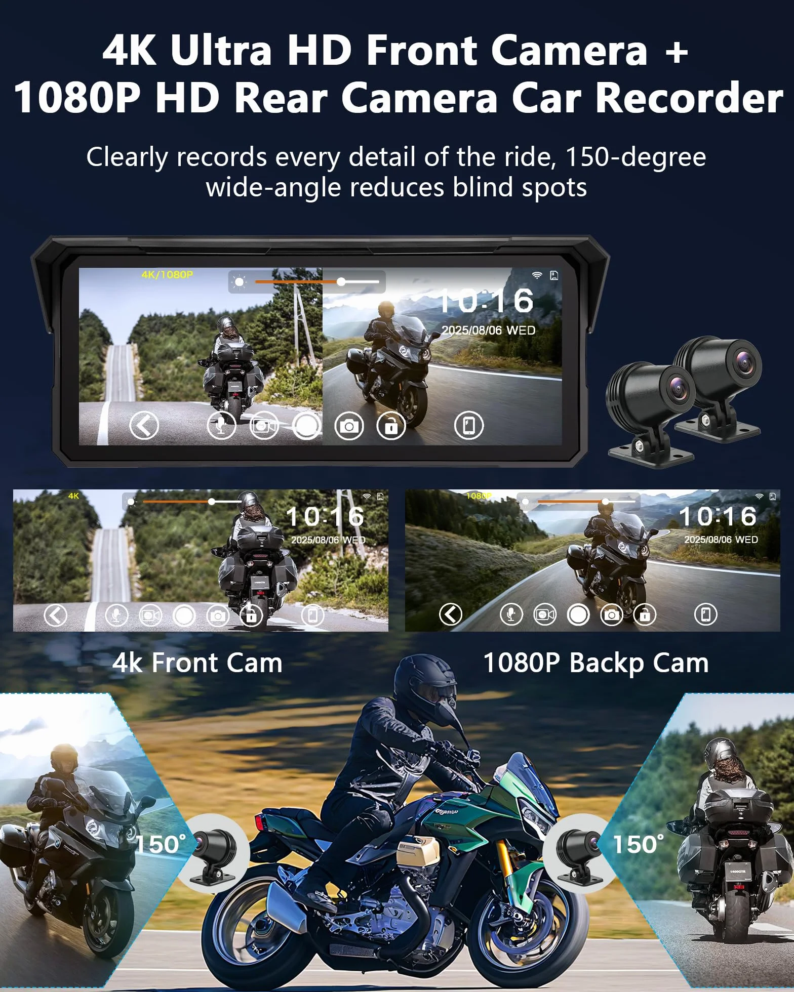 Jansite Cámara de salpicadero 4K de 8,1 pulgadas para motocicleta, pantalla CarPlay Android Auto, navegador de motocicleta IPX7 resistente al agua, GPS dispositivos de navegación para motocicletas con