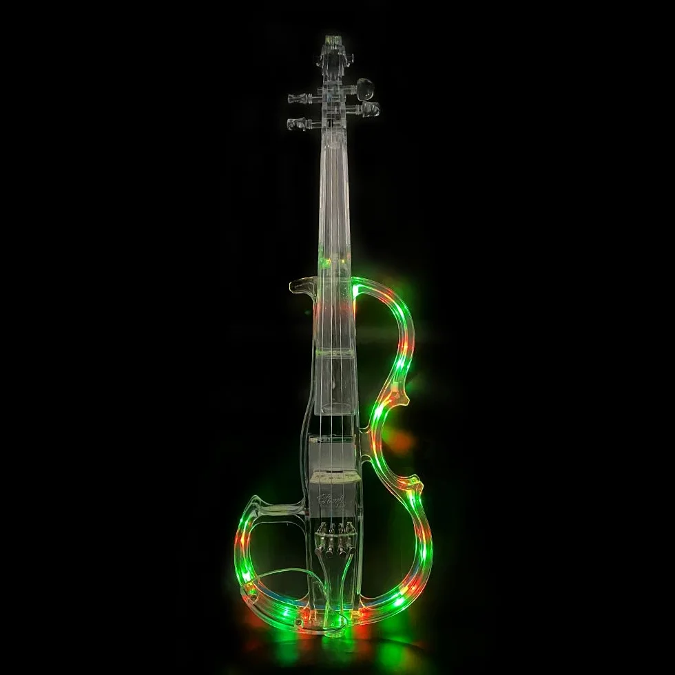 Violín eléctrico de tamaño 4/4, cuerpo de vidrio acrílico transparente, 3 colores, luz LED, bonito tono con funda, lazo, elv-led