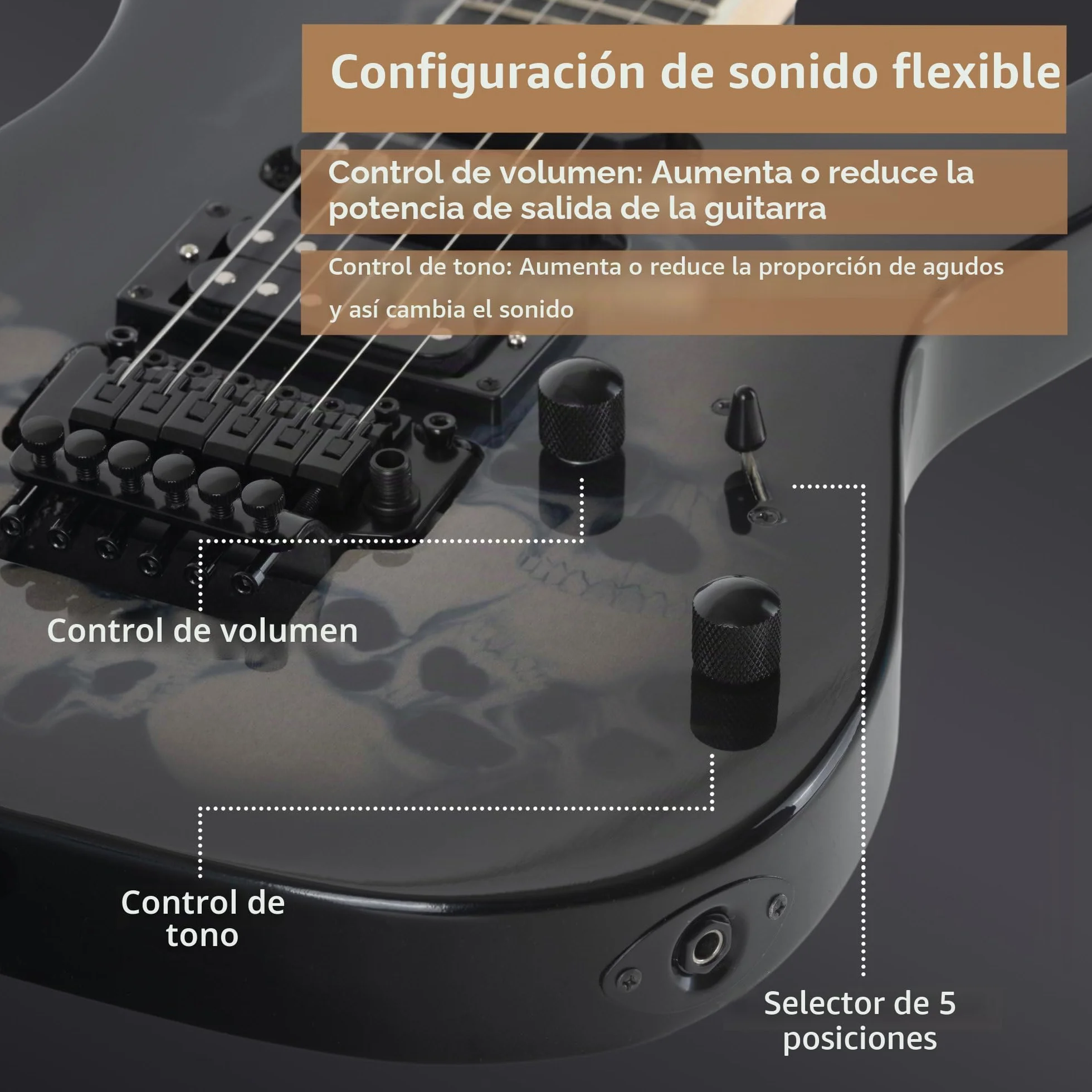 Rocktile Pro JK150-BSK Guitarra eléctrica 6 cuerdas ST-style, HSS, tremolo FR, 24 trastes jumbo, cuerpo tilo, mástil arce, accesorios incluidos. Negro con diseño Skull.