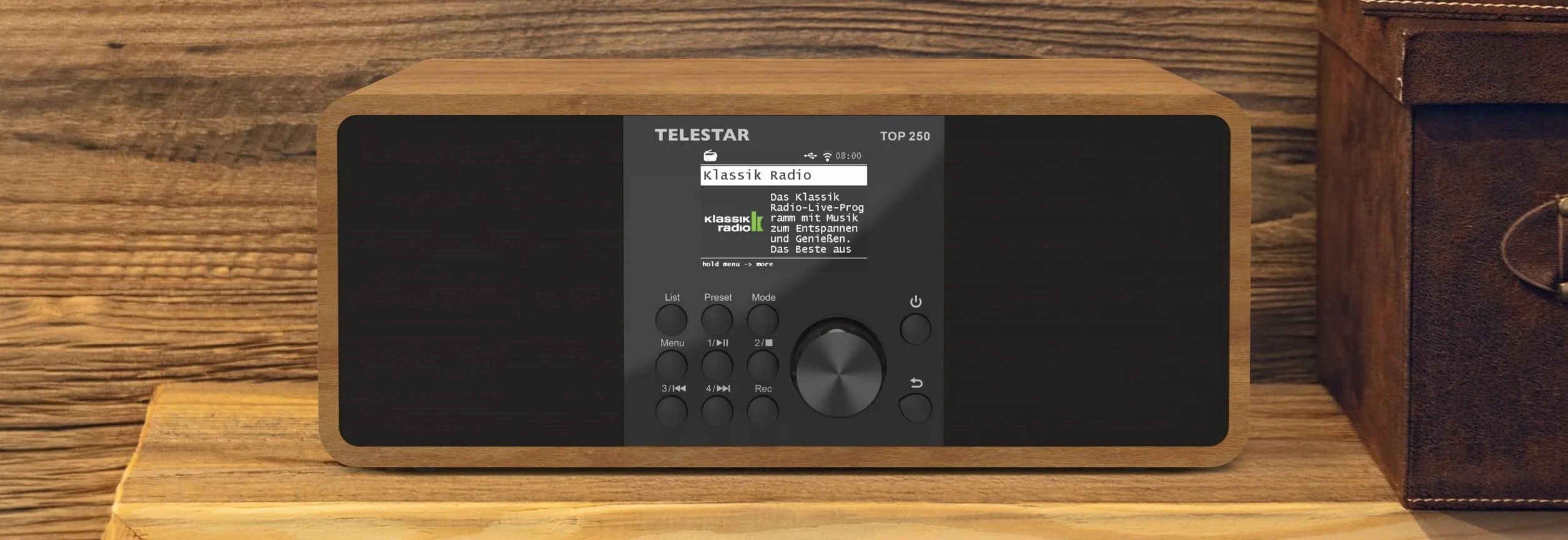 TELESTAR Top 250 – Dab+/Radio por Internet (estéreo, 2 × 10 W, Bluetooth Audio-Streaming & función de envío, grabación USB, Sistema de Emergencia, Control por App) – Madera