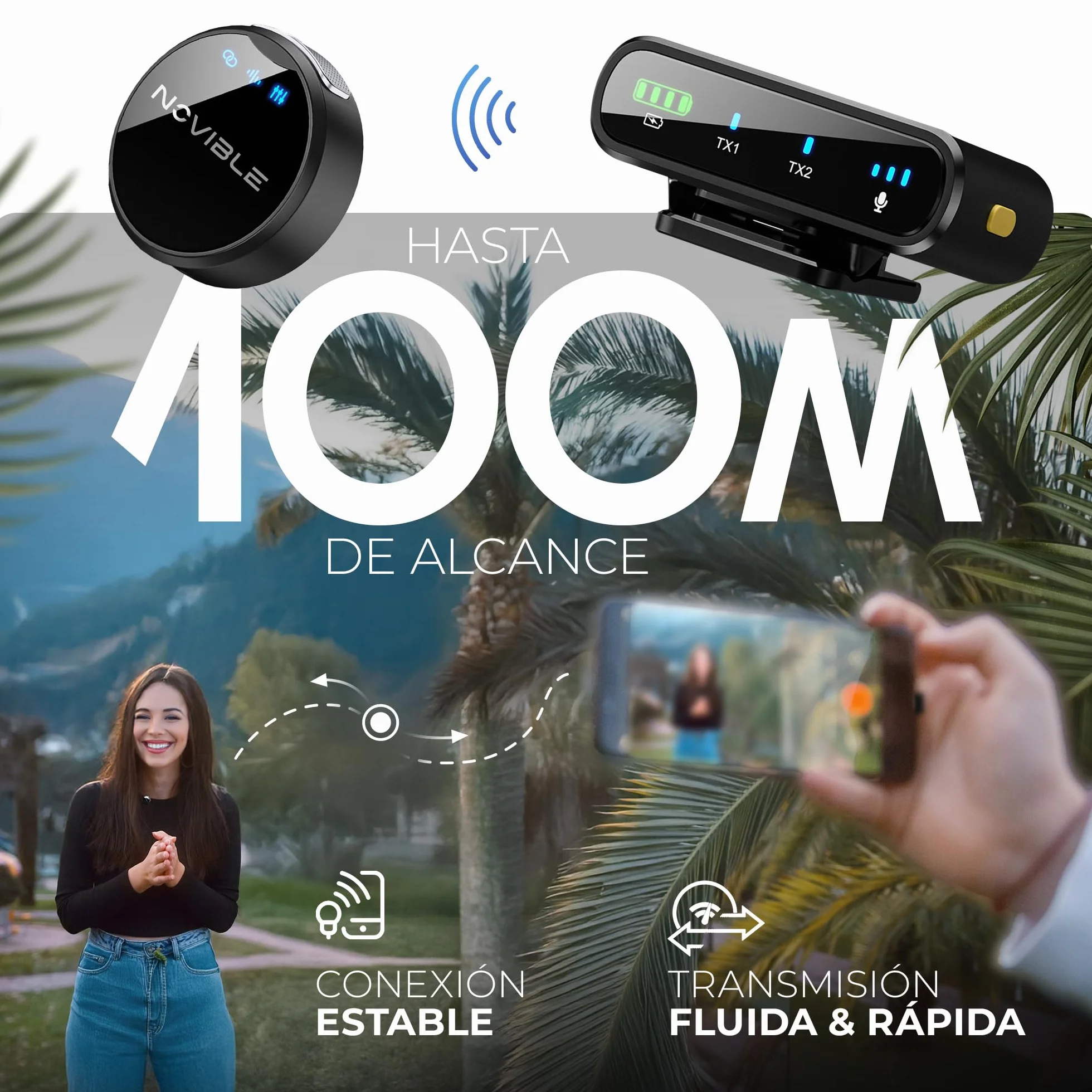 Micrófono Inalámbrico para iPhone, Android USB-C y Cámara, Micro de Solapa para 2 Personas y Móvil, Mini Micrófono 48 kHz/24 bits, Estuche de Carga 25 h, Reducción de Ruido, Adaptadores, Vlog YouTube
