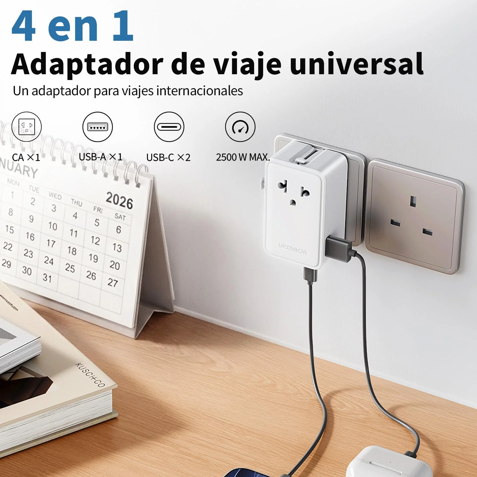 Adaptador Enchufe Universal Ultrafino, Adaptador Universal de Viaje con 1 USB-A y 2 USB-C, Adaptador Compacto Enchufe UK/USA/Reino Unido/Americano/Australia/Japón/Tailandia