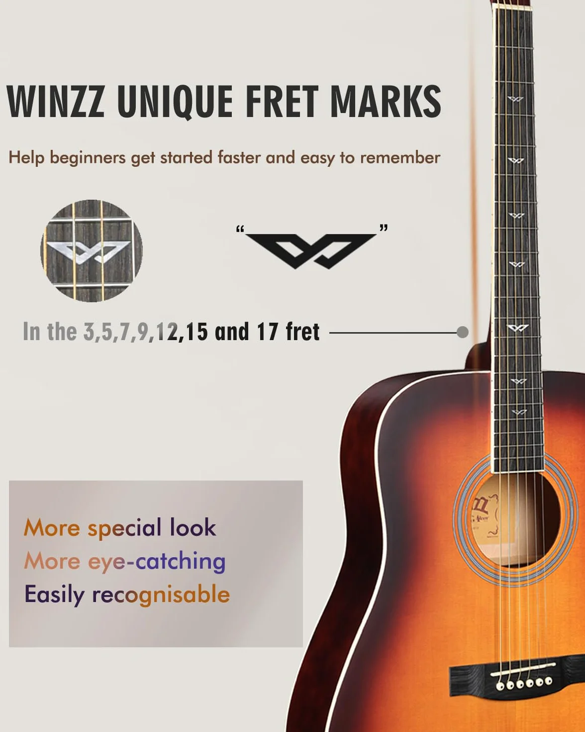 Winzz Guitarra Folk Acústica 4/4 Adulto Sunburst Para Principiantes, Incluye Funda, Afinador, Correa, Púas, Juego Extra de Cuerdas Y Soporte Para Guitarra