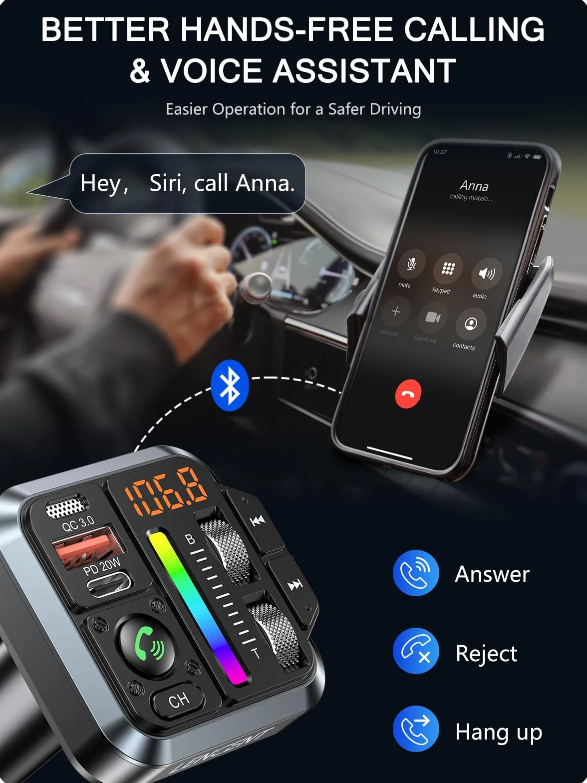 LENCENT Transmisor FM Bluetooth 5.3 para Coche, Reproductor Música con Sonido de Agudos y Graves Ajustable, Adaptador Radio Carga Rápida PD 20W y QC 3.0, Llamadas Manos Libres, Siri Google Assistante