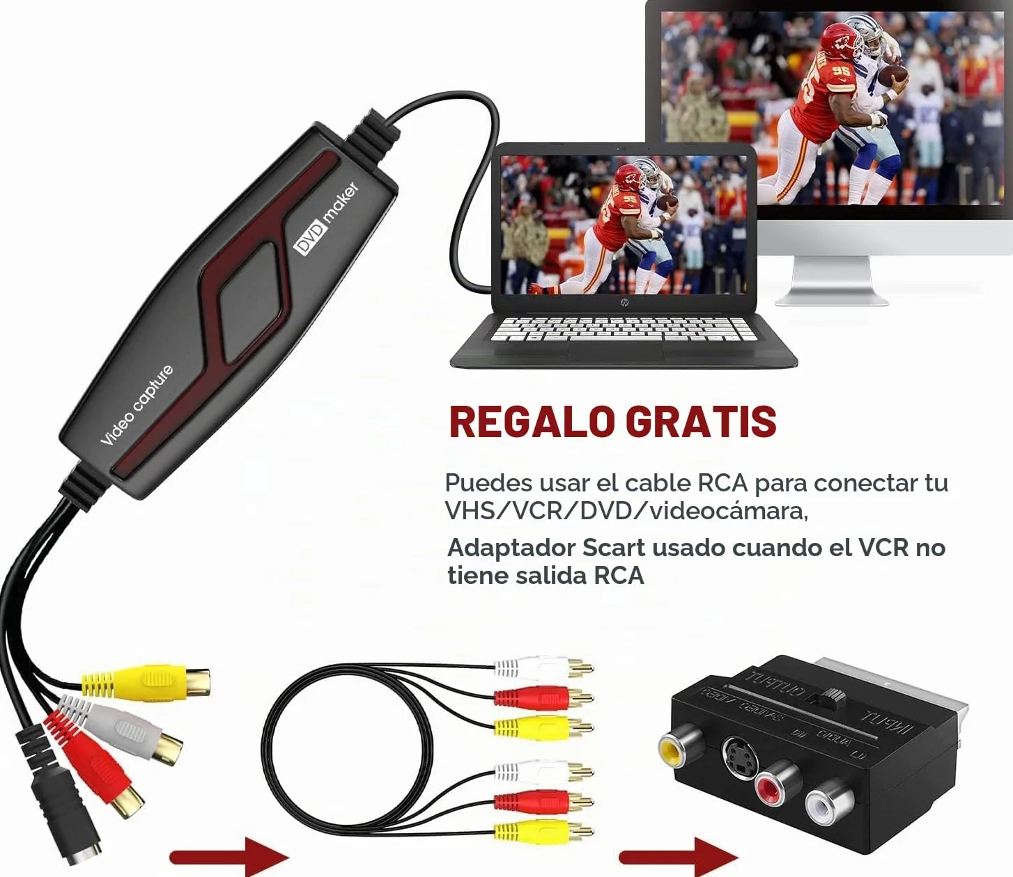 DIGITNOW!Convertidor de Captura de Vídeo USB,Hi8 VHS a DVD Digital Grabber Grabador ,Capturadora de Audio Vídeo para Mac Windows,Digitalizadora y Edite con Adaptador Scart/AV