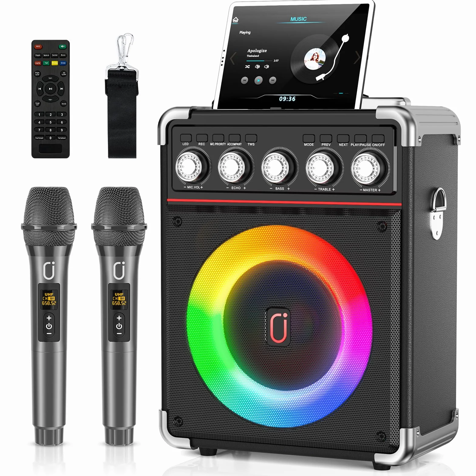 JYX Karaoke 2 microfonos inalambricos, portatil Karaoke Profesional Completo, Altavoz Karaoke de Sistema PA potatil y Luz LED y Mando a Distancia, soporta Bluetooth/TF/USB/AUX/TWS