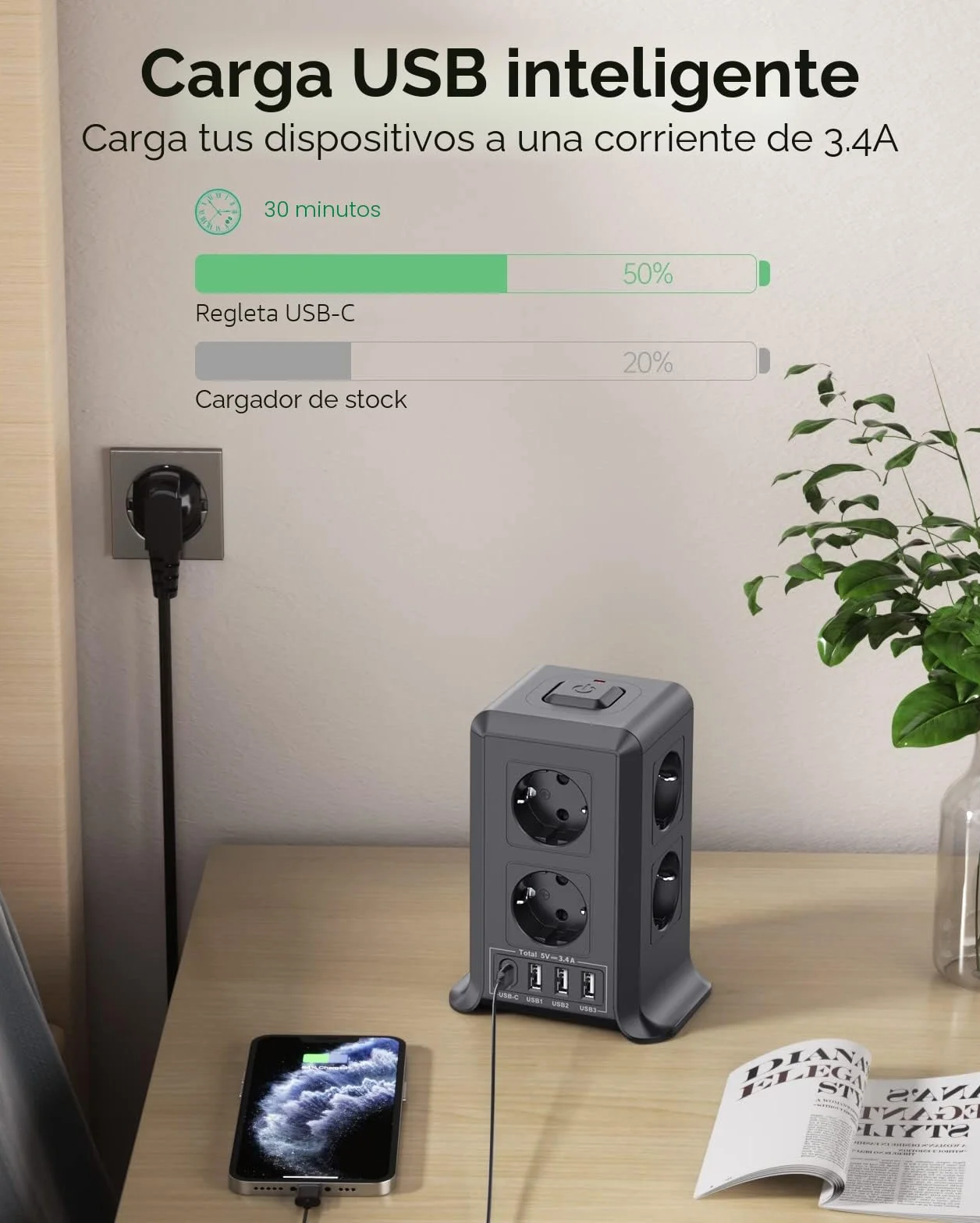 Torre Regletas Enchufes USB 8 Tomas AC 4 USB 2500W/10A Proteccion Sobretension 2M Vertical Interruptor Negro