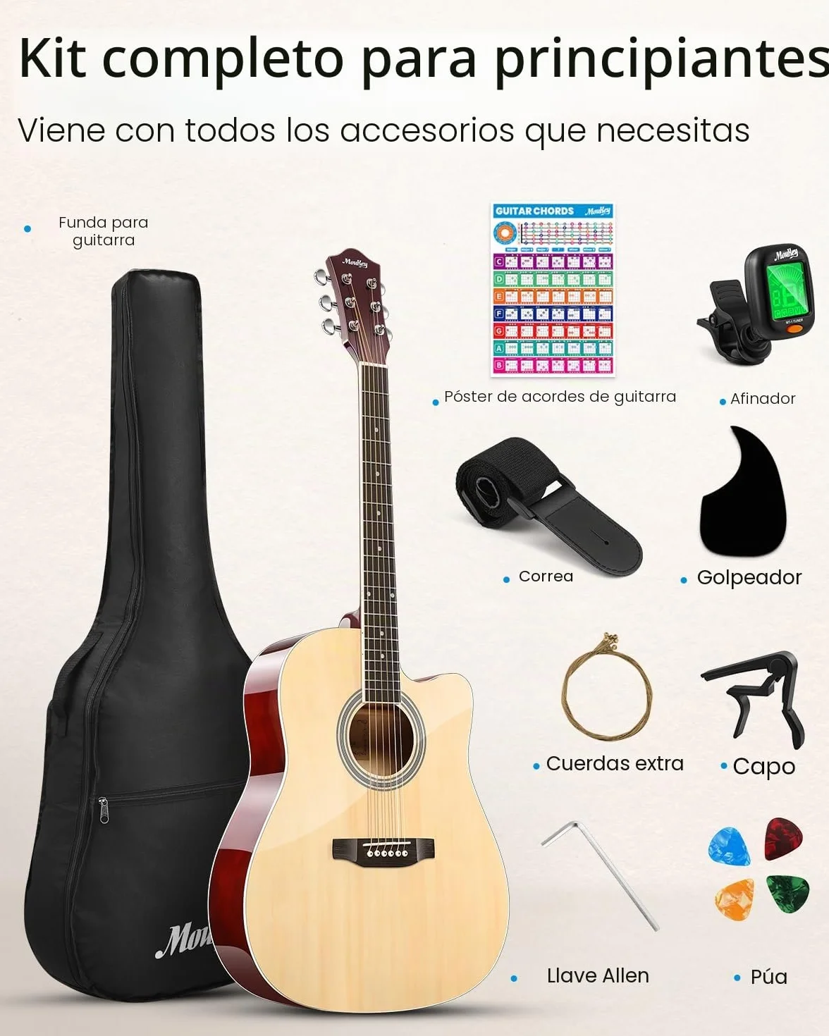 Moukey Acoustic Guitar Full Size Kits for Beginners Adults 4/4 41" Guitar Bundles with Chord Poster, Gig Bag, Tuner, Steel Strings, Strap, Natural