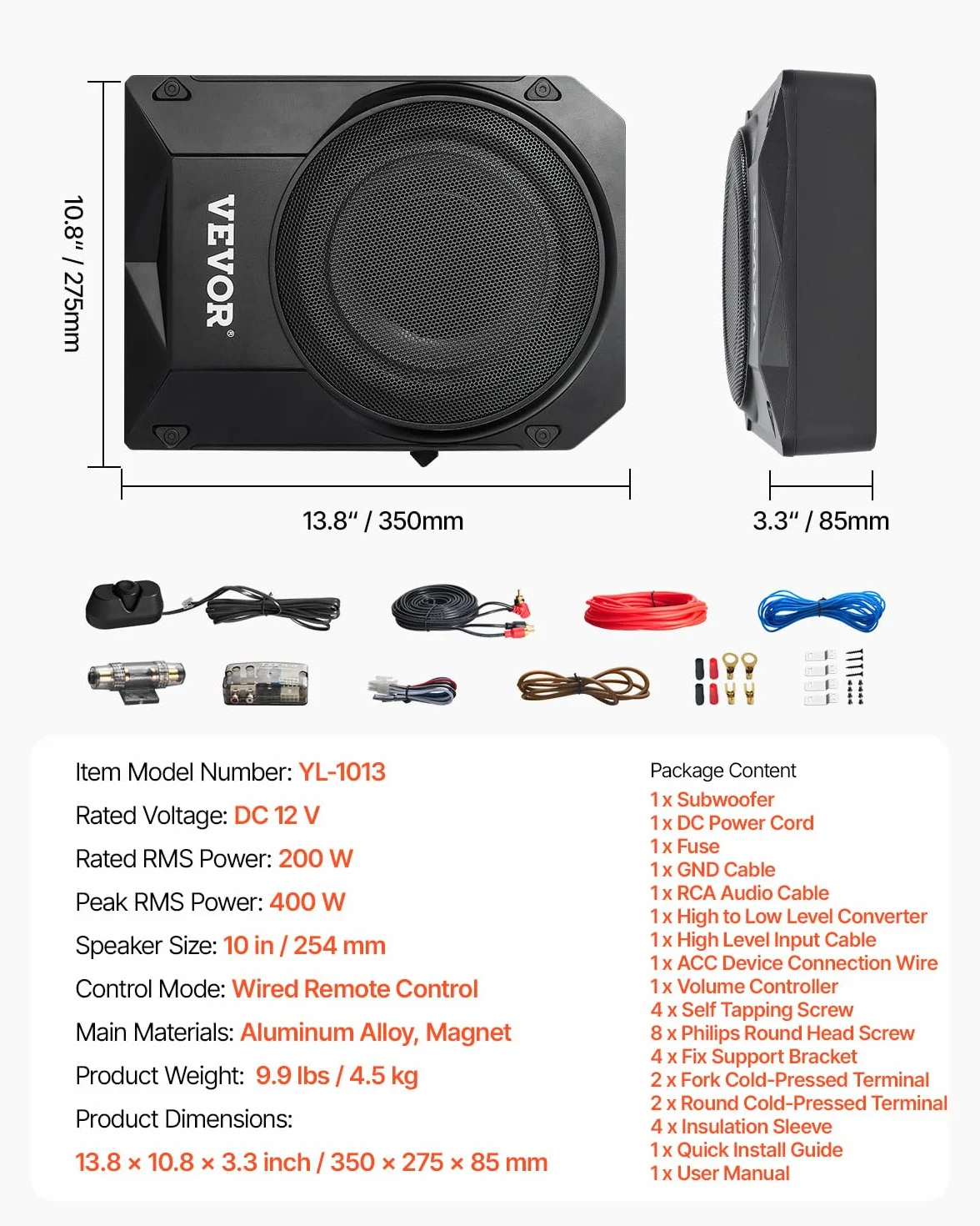 VEVOR Subwoofer para Debajo del Asiento para Automóvil 254 mm 400 W Altavoz Compacto para Coche Amplificador Incorporado Entrada Bajo Controlador de Volumen Control Remoto con Cable