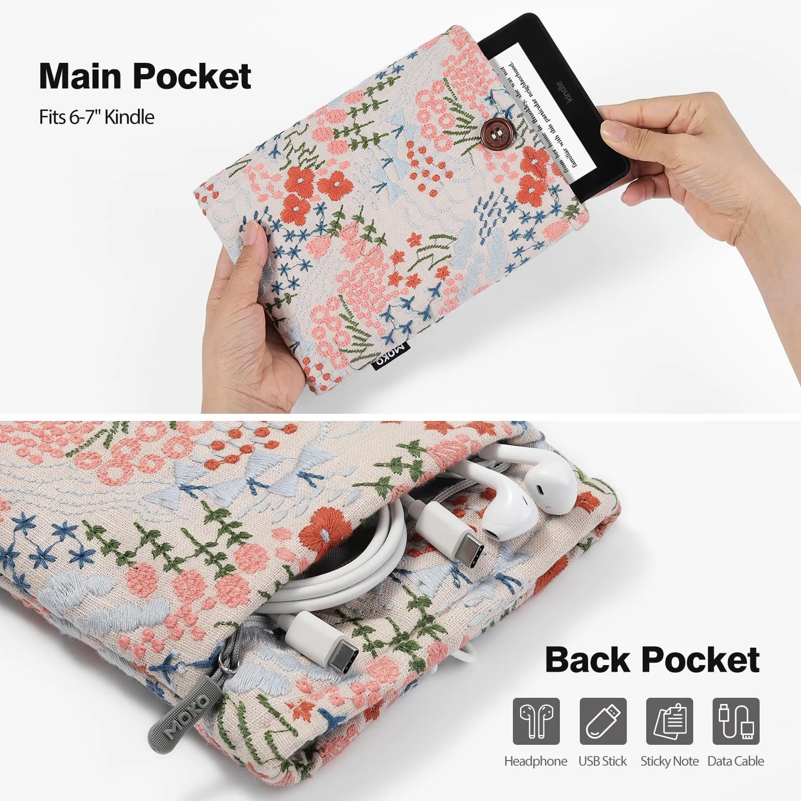 MOKO Bindle Pouch para Kindle Colorsoft, Paperwhite 12th Gen 2024, Kindle 2022-2016, Oasis/Voyage/Kobo Ereader, Flor Beige