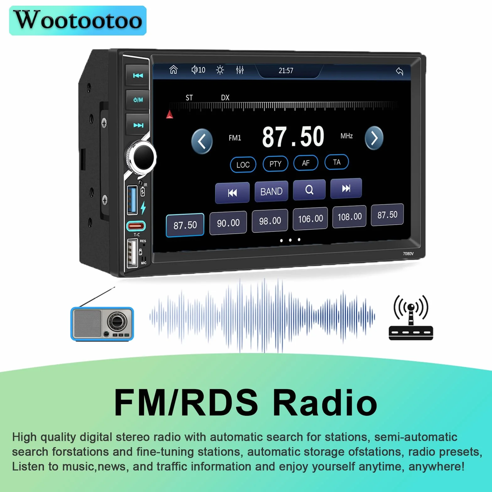 Radio estéreo para Coche 2 DIN con Bluetooth, CarPlay inalámbrico y Android Auto, Pantalla táctil HD de 7 Pulgadas, Radio FM RDS, Tipo C, Carga rápida, micrófono y cámara de visión Trasera