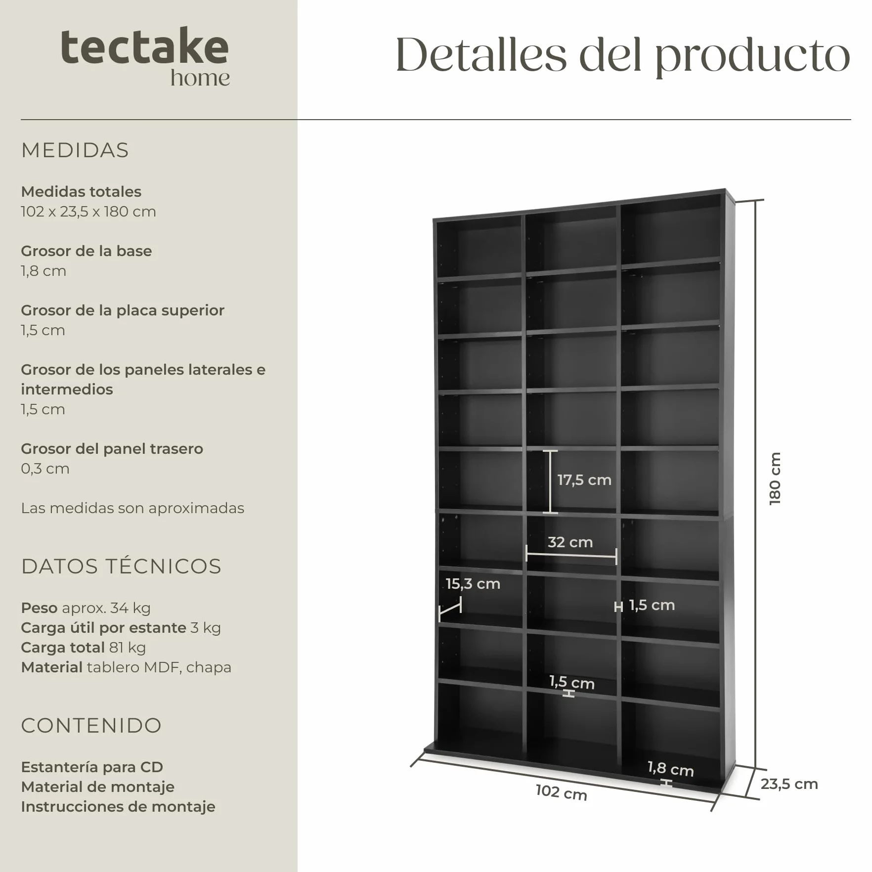 tectake® Estanteria Pared para CD/DVD, Almacenaje 1080 CDs, 27 Estantes, Fácil de Montar, Estable, Madera MDF, Metal, Estanteria Libros, Librería, Estantería de Pared, Mueble de Salon - Negro