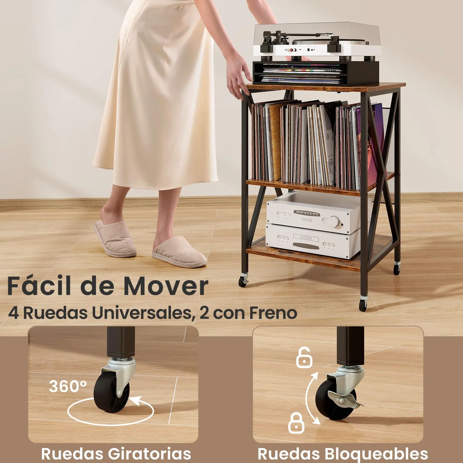 GIANTEX Soporte para Tocadiscos con Estación de Carga, 52 x 45 x 75 cm, Mesa Auxiliar con Espacio para Almacenar Discos de Vinilo, con 4 Ruedas, Estantería de Discos para Salón, Dormitorio (Marrón)