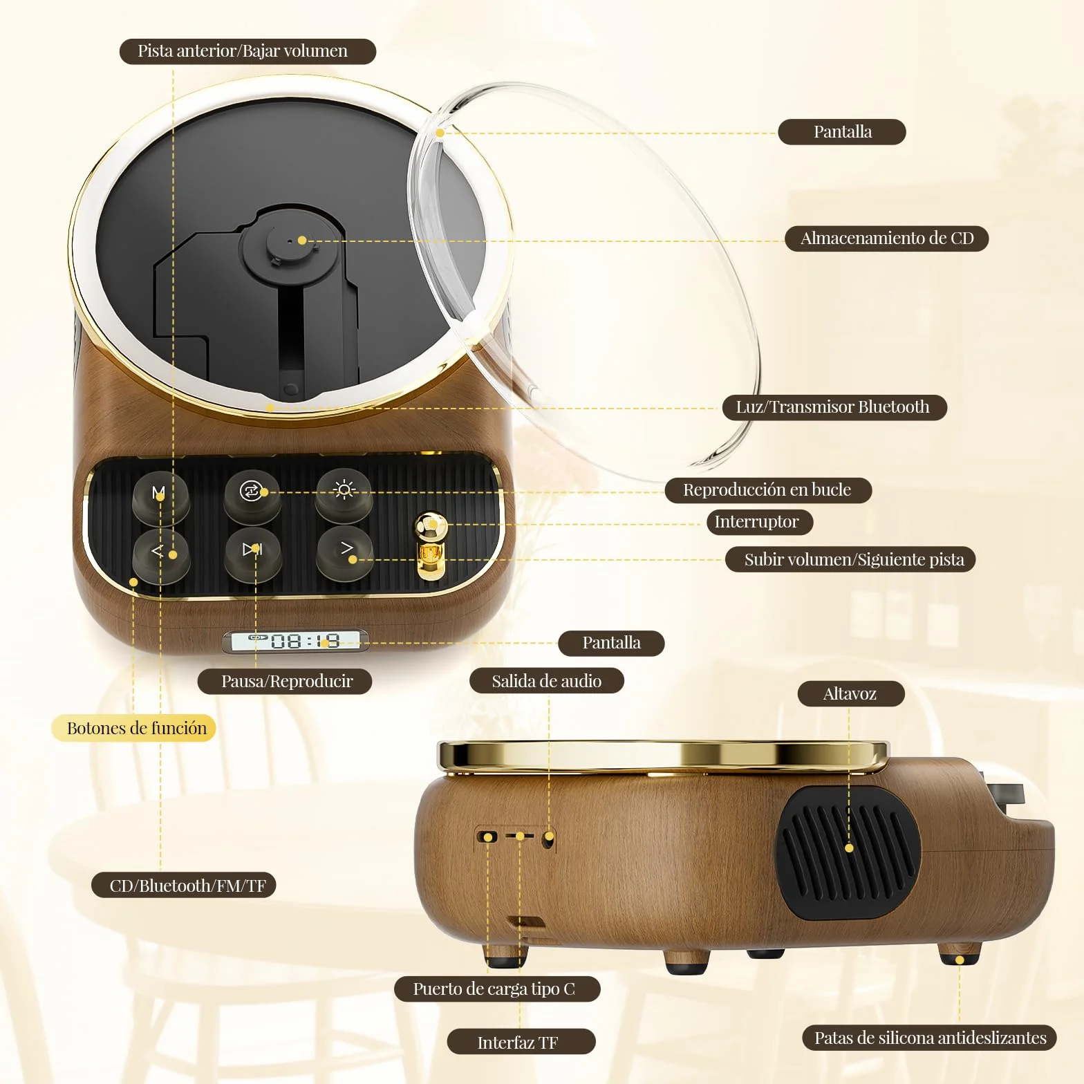 Reproductor de CD con Bluetooth 5.3, Altavoces, Radio FM, Control Remoto, Madera